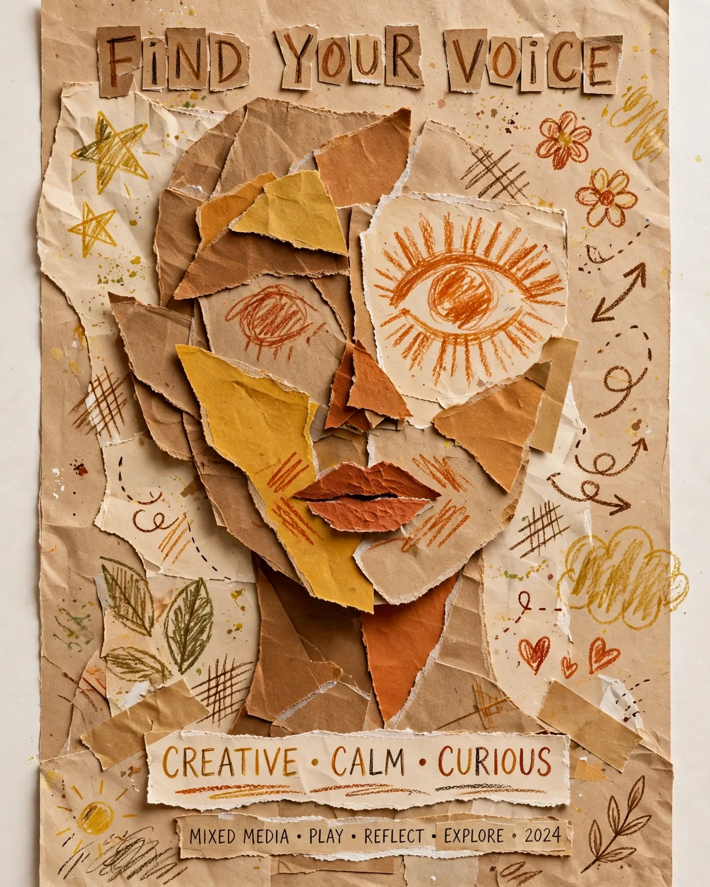Photo-to-Paper Collage Editorial Poster with Crayon Doodles