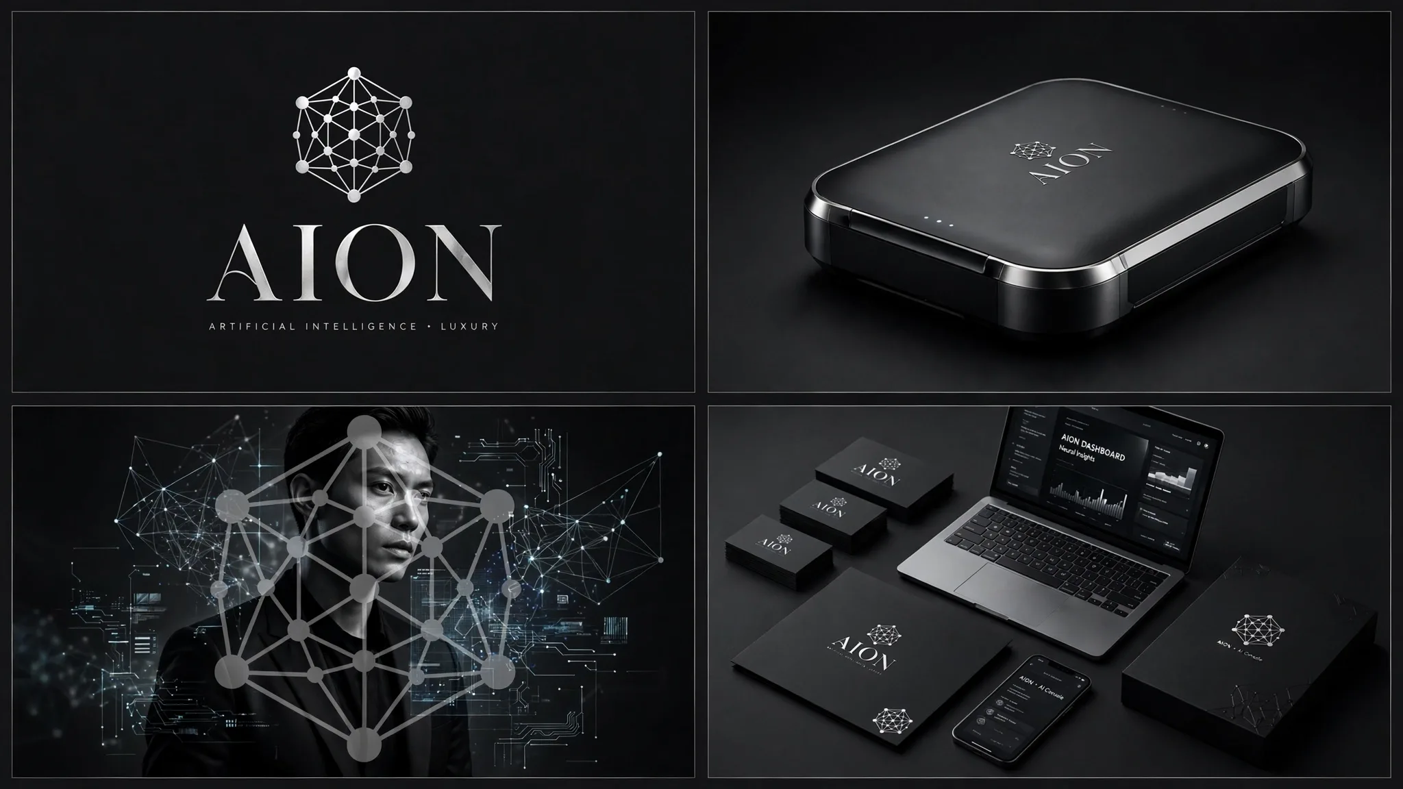 Luxury AI Startup Brand Board Prompt — Four-Panel Identity Showcase