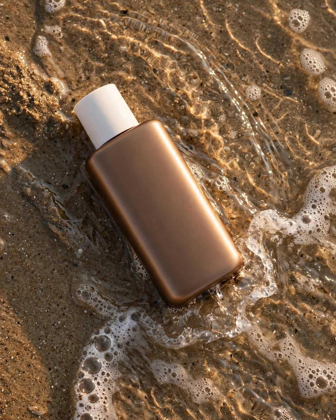 Golden Glow Bronzing Elixir Ad Prompt — Beach Wave Flat Lay (4:5)