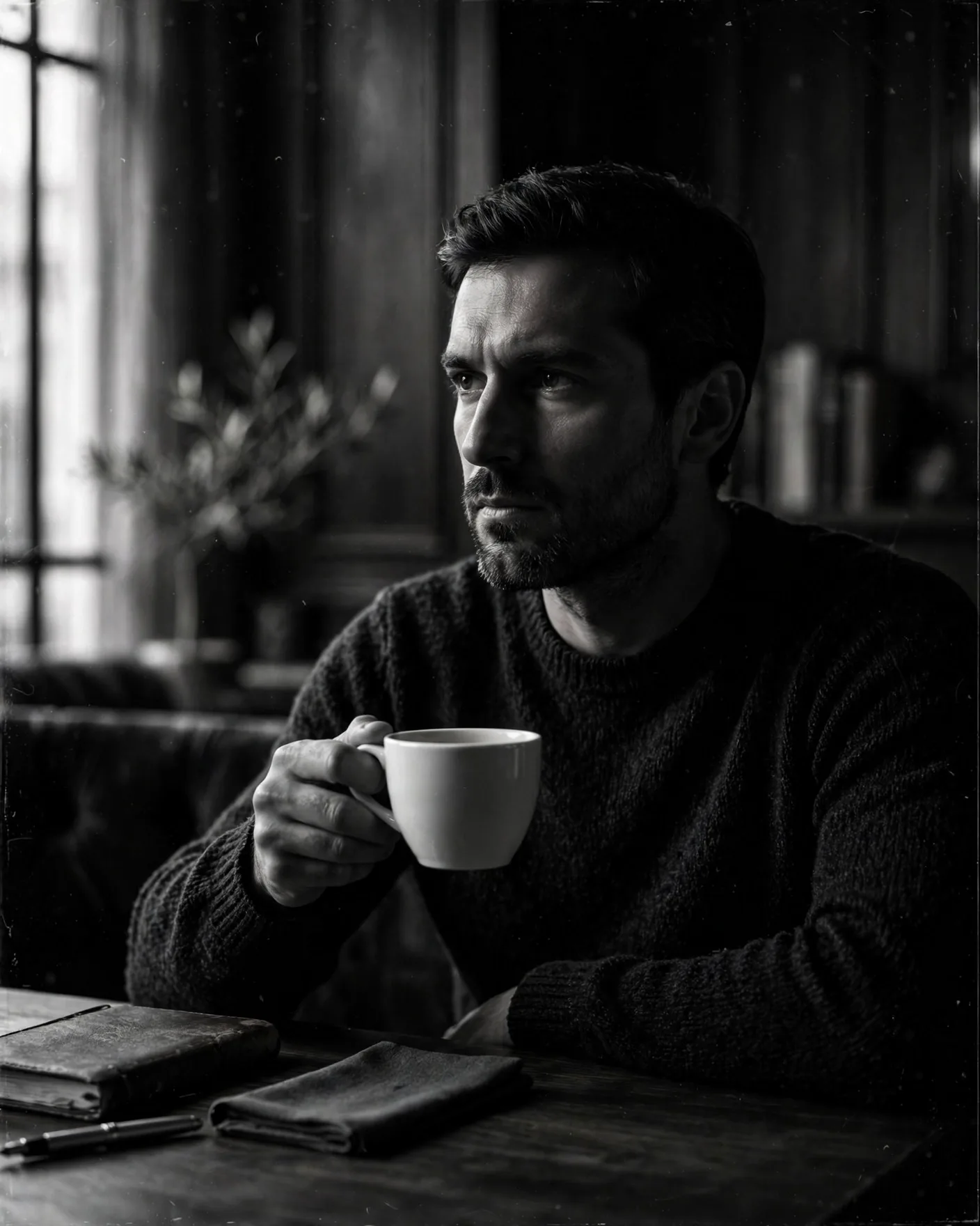 Black-and-White Coffee Cup Portrait Prompt — Cinematic Monochrome Man
