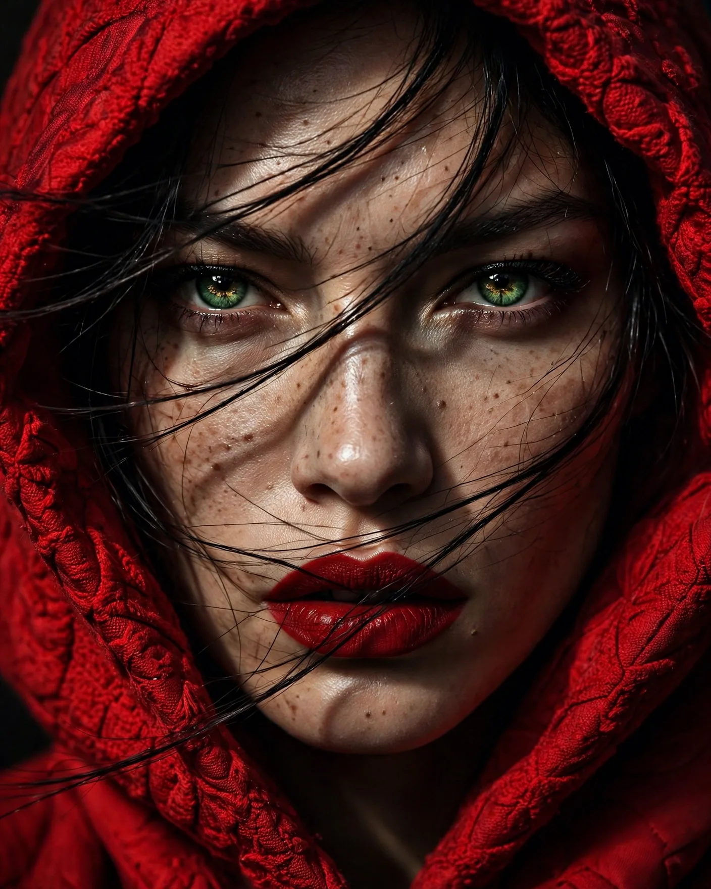 Red Hood High-Fashion Editorial Portrait Prompt — Dramatic Close-Up
