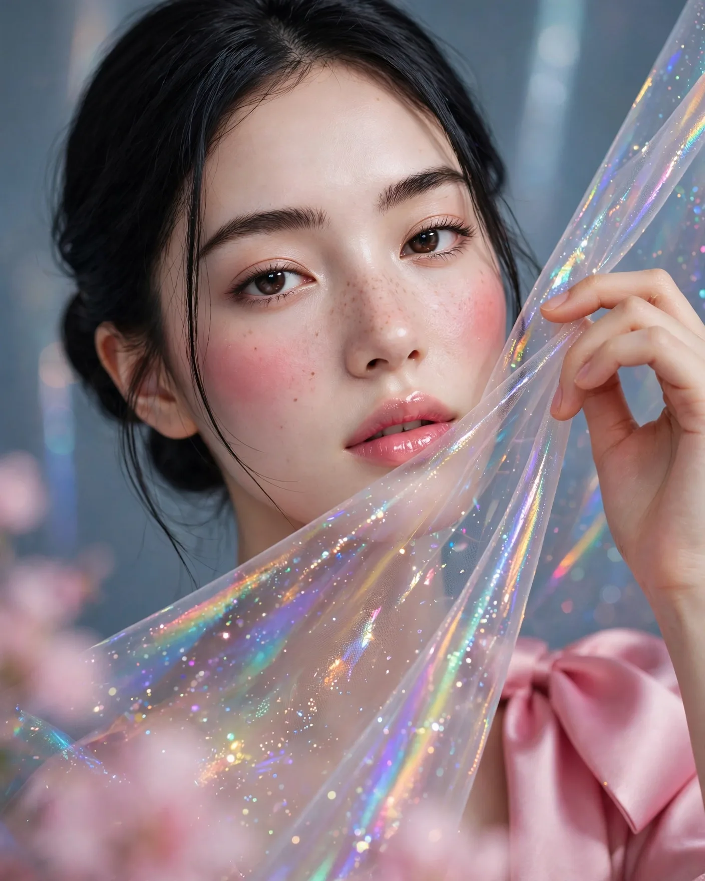 Iridescent Veil Beauty Portrait Prompt — Sheer Fabric, Heavy Blush
