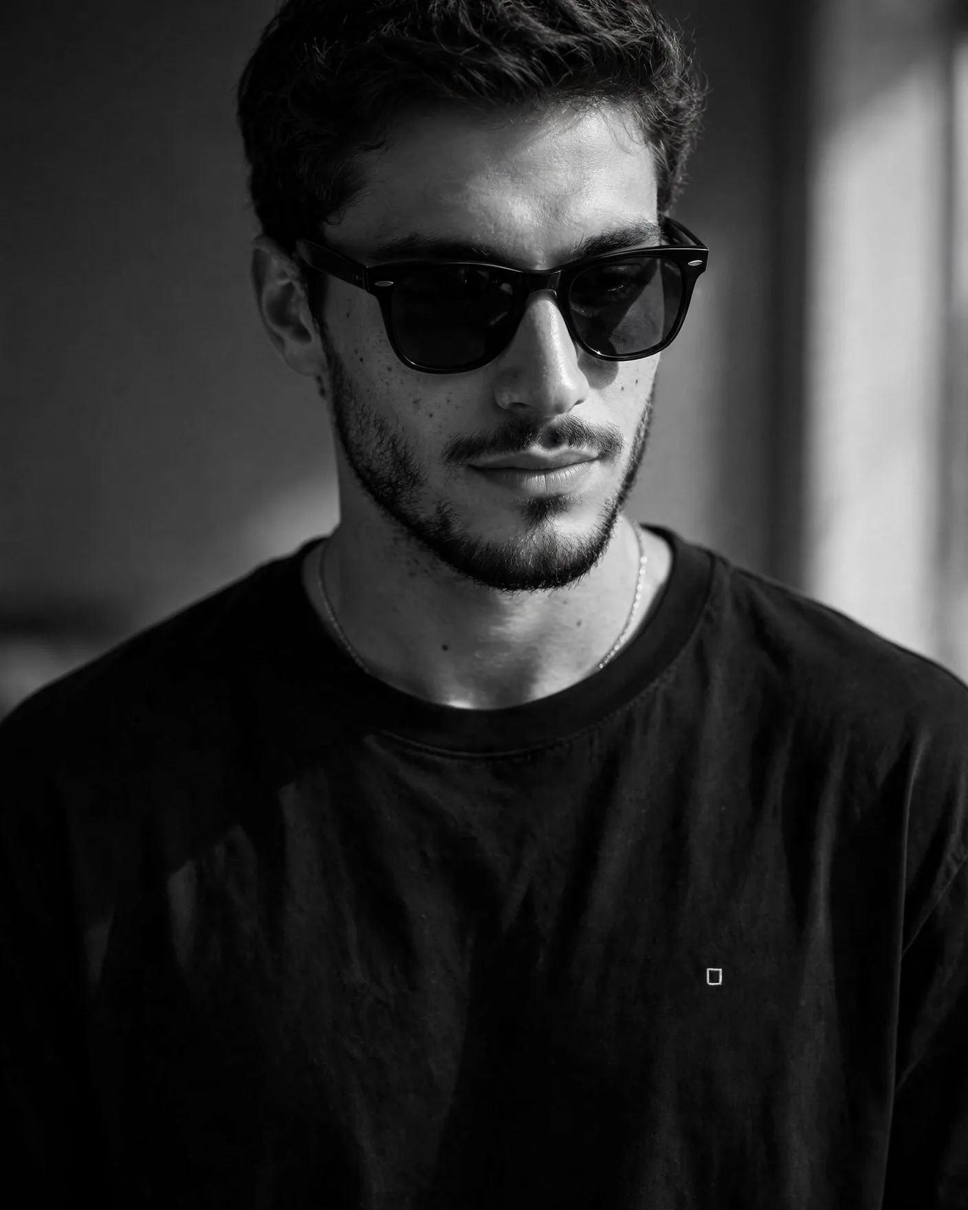 Black-and-White Sunglasses Beard Portrait Prompt — 85mm Studio Look
