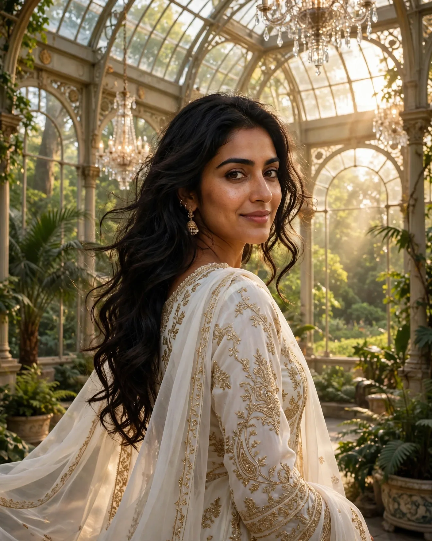 White & Gold Conservatory Portrait Prompt — Glasshouse Glow (4:5)