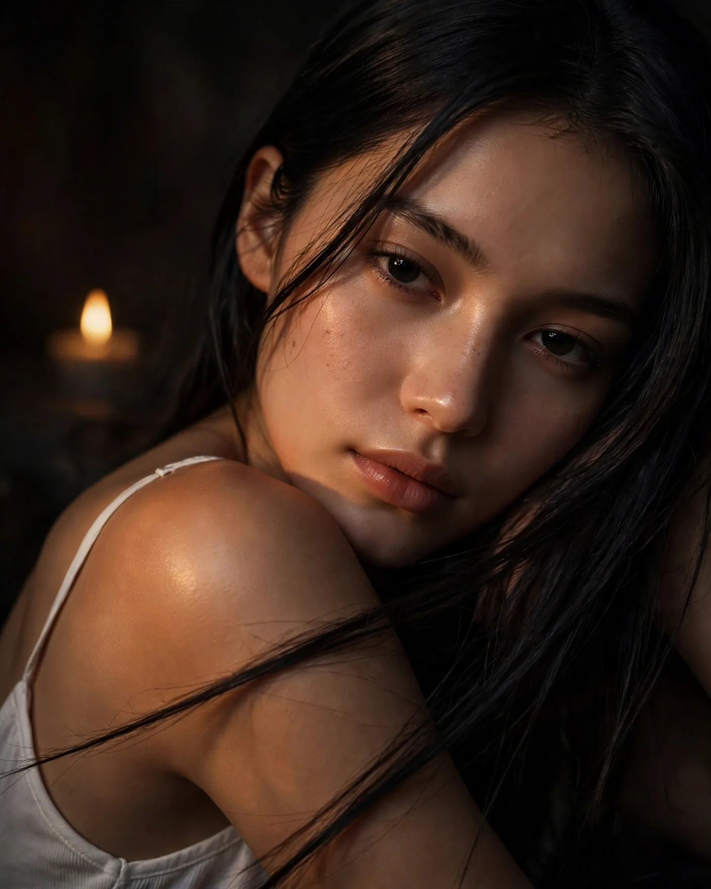 Candlelit Amber Close-Up Portrait Prompt — Lamplight Beauty (4:5)