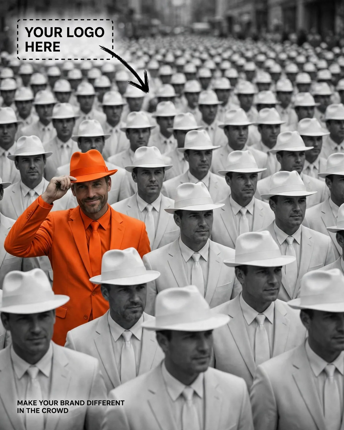 Stand Out Crowd Orange Suit Creative Agency Ad Editable AI Prompt