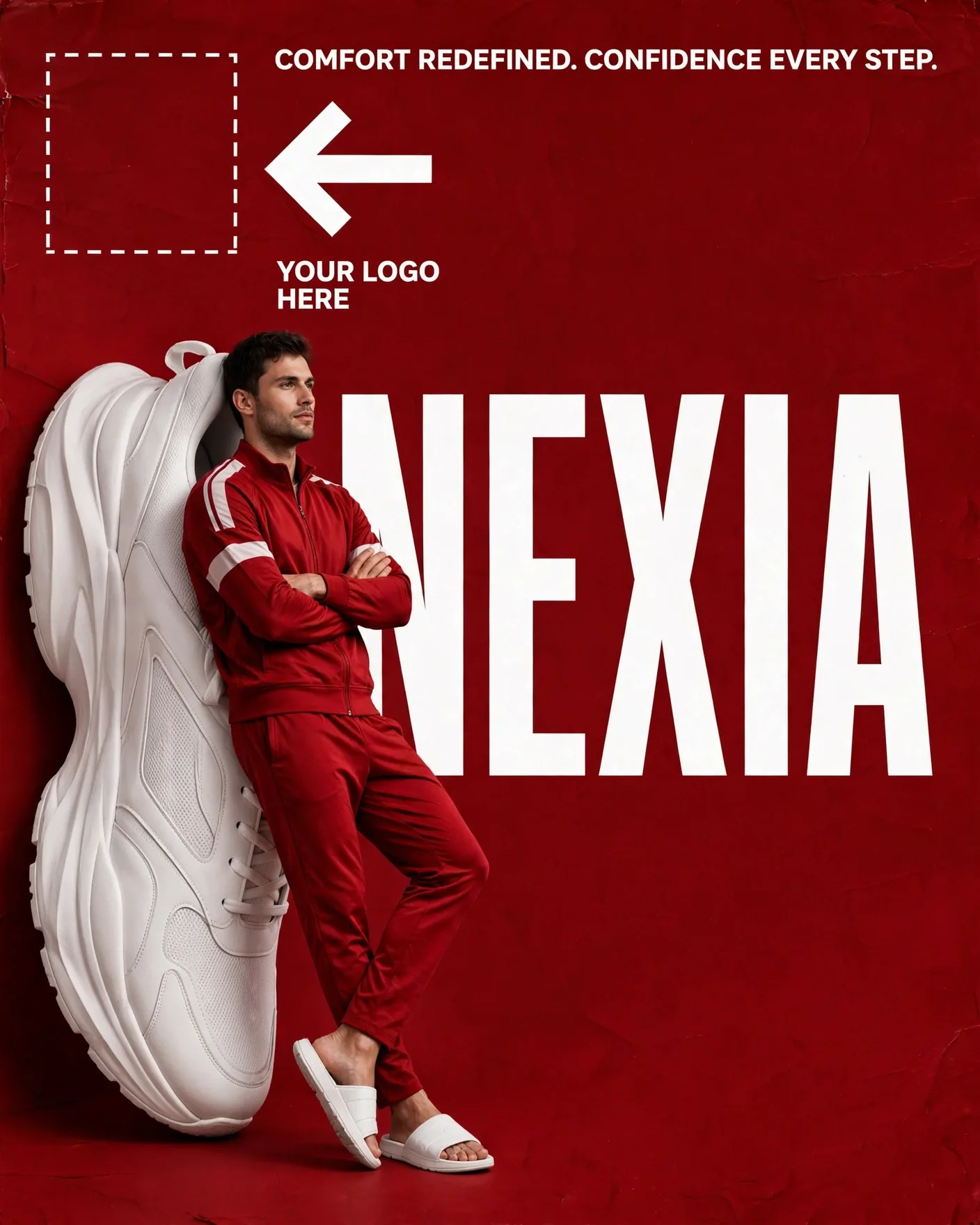 Giant Sneaker Red Tracksuit Footwear Brand Campaign Editable AI Prompt