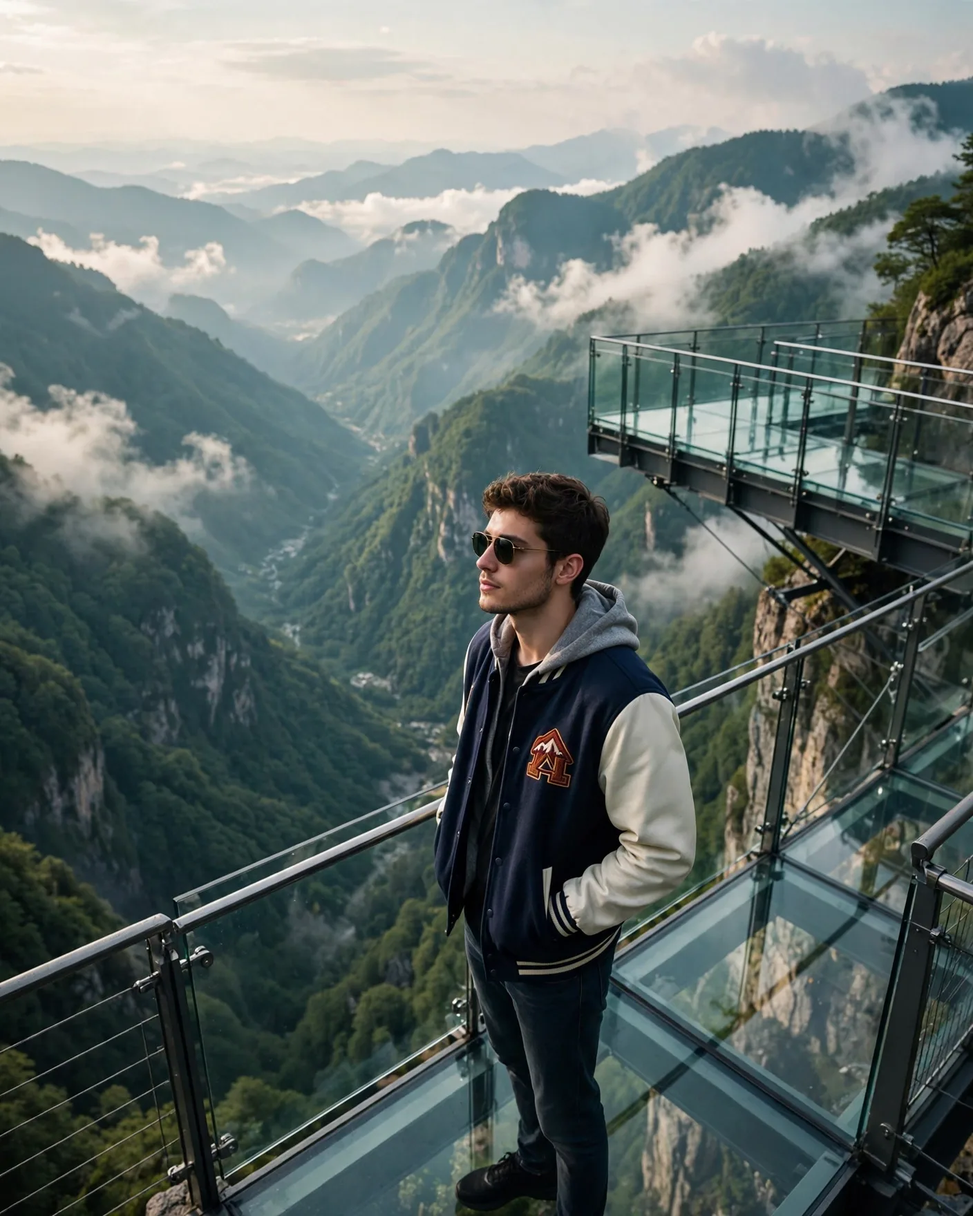 Glass Skywalk Mountain Travel Portrait Prompt — Varsity Jacket
