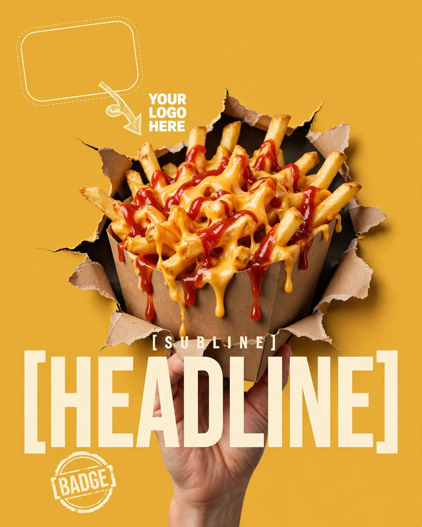 Loaded Cheese Fries Pop-Out Poster Torn Paper 3D Editable AI Prompt