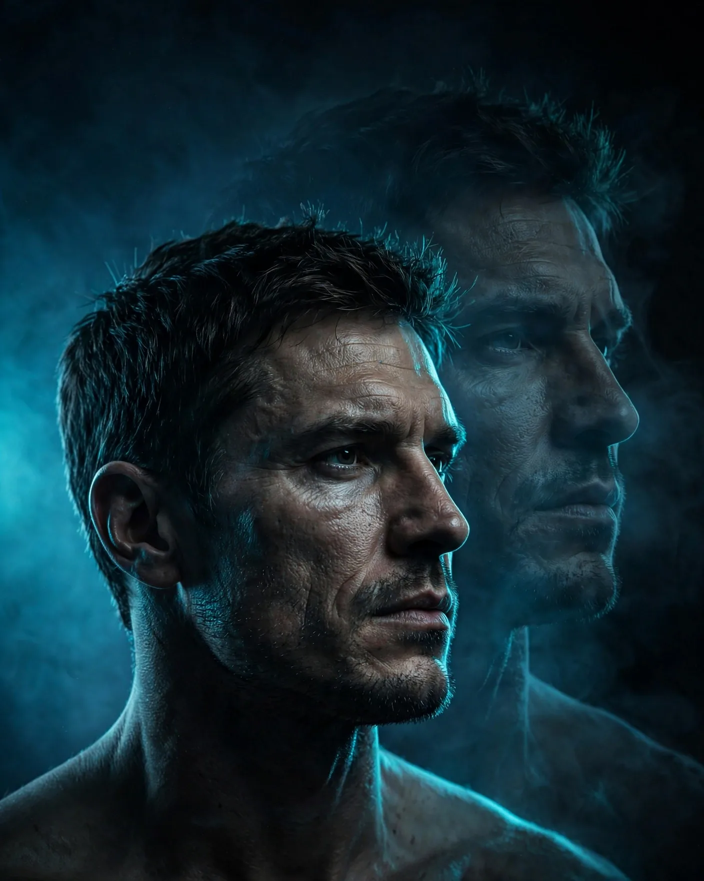 Moody Teal Studio Portrait Prompt — Double-Exposure Cinematic Look