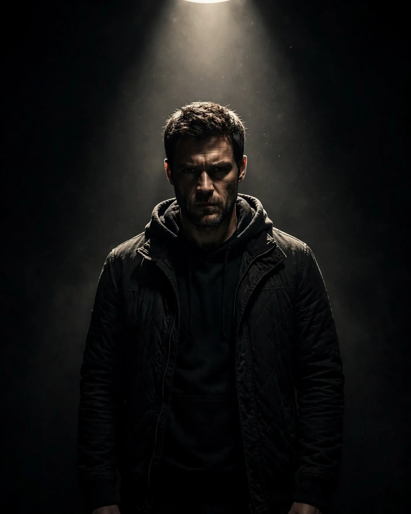 Single Spotlight Portrait — Man in Black Studio