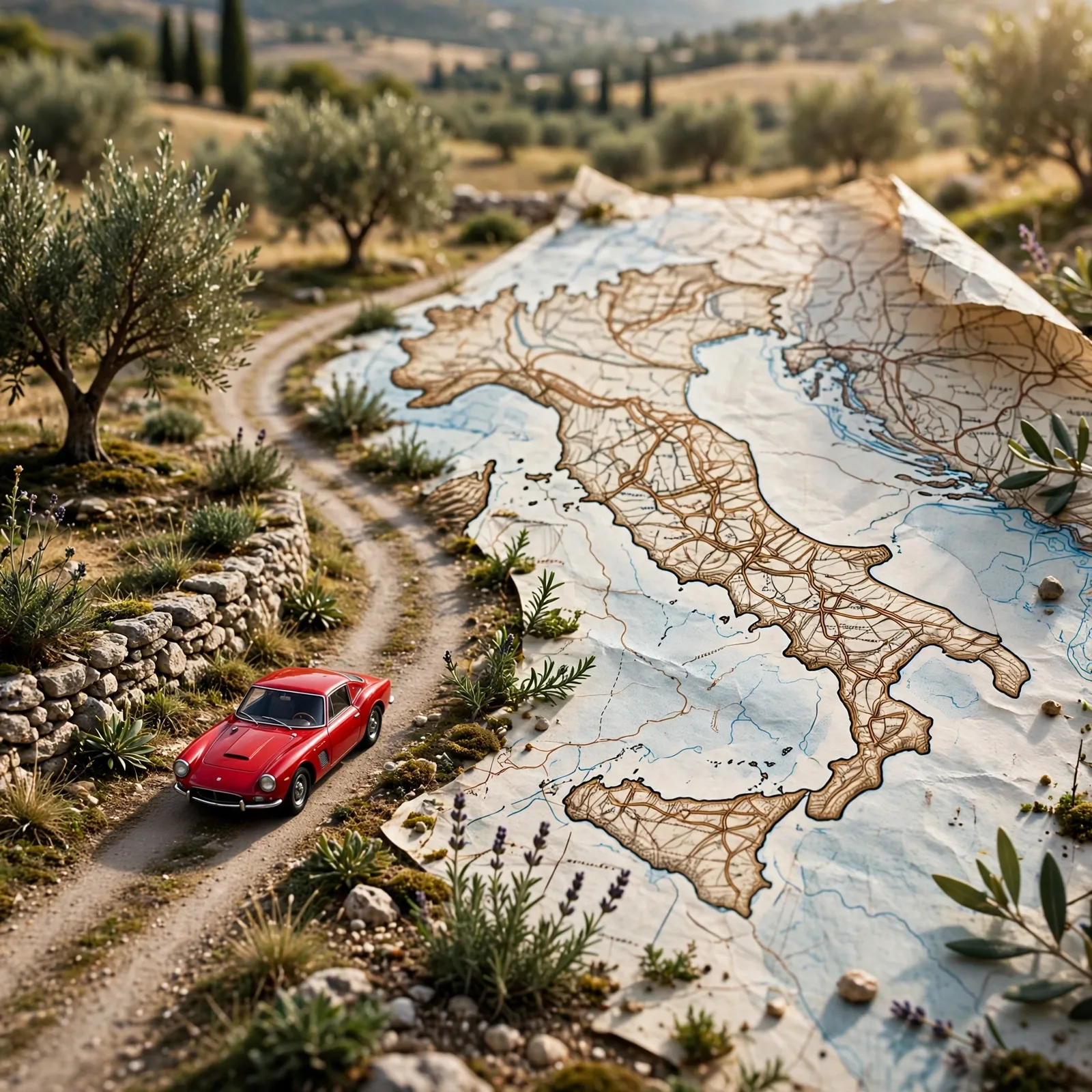 Miniature Car on Printed Map Prompt — Surreal Road Trip Art