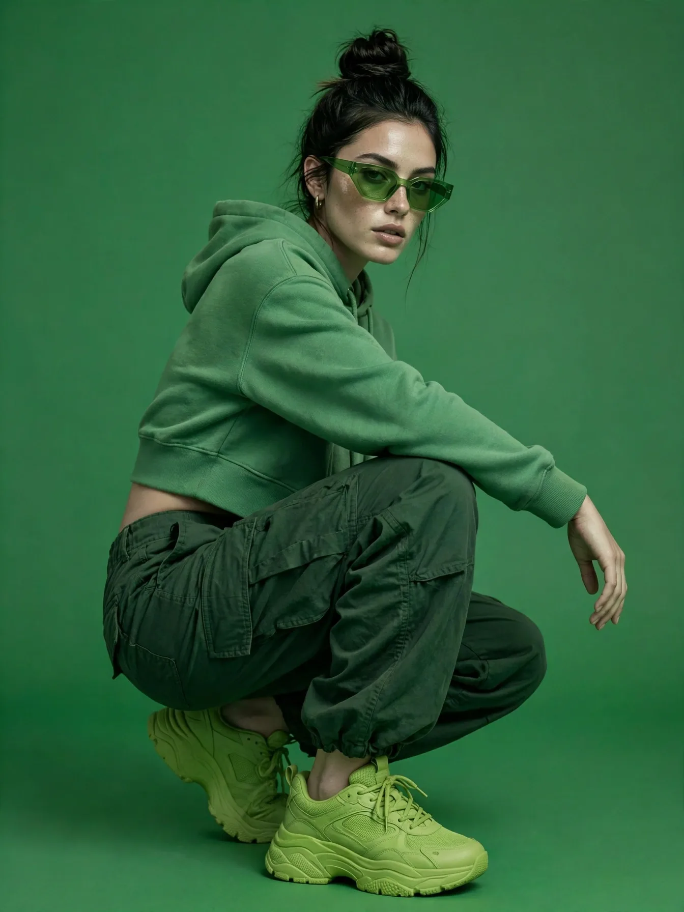 Green Monochrome Streetwear Studio Self-Swap Editable AI Prompt