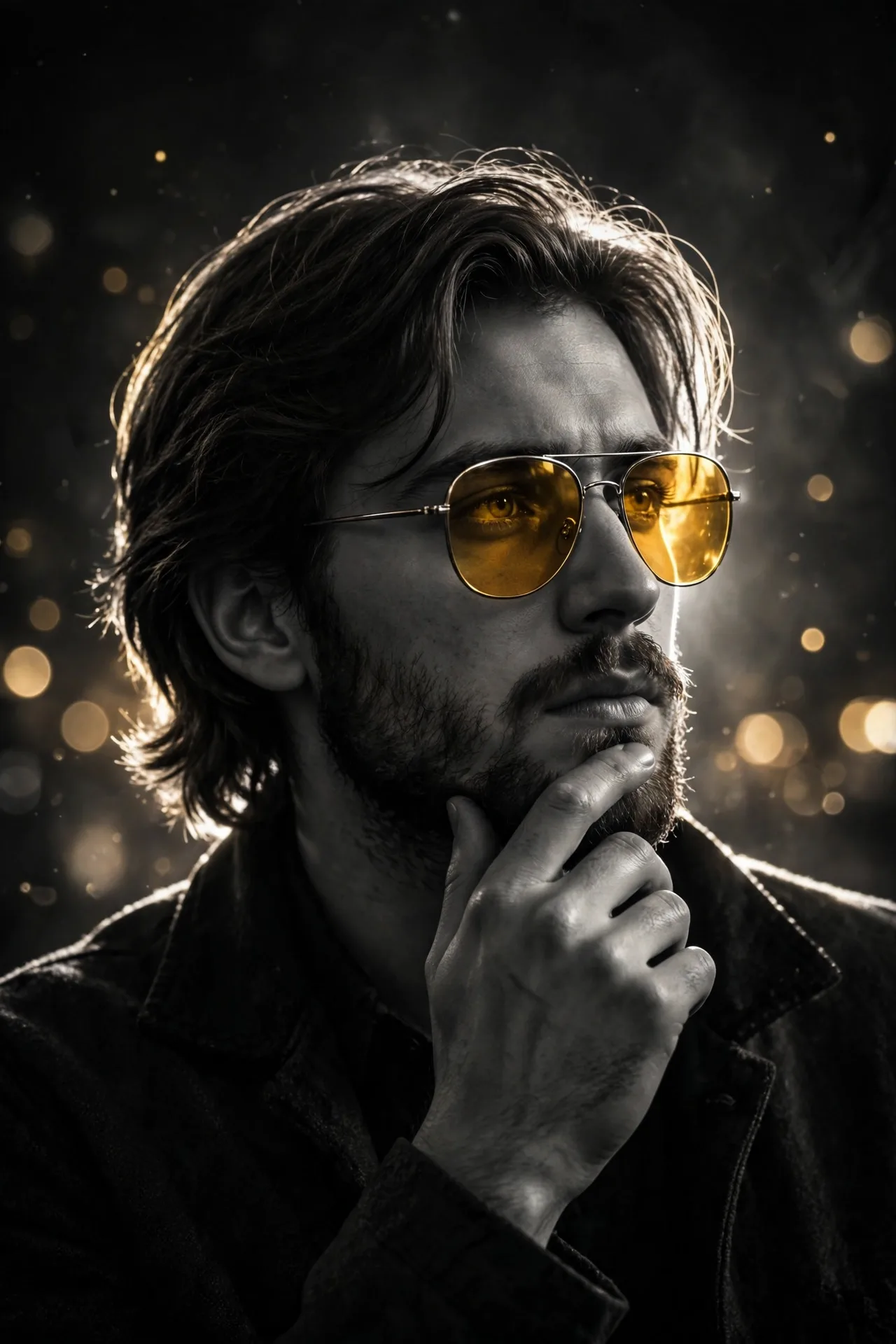 Film Noir Cinematic Portrait Prompt — Black & White with Amber Sunglass Accent