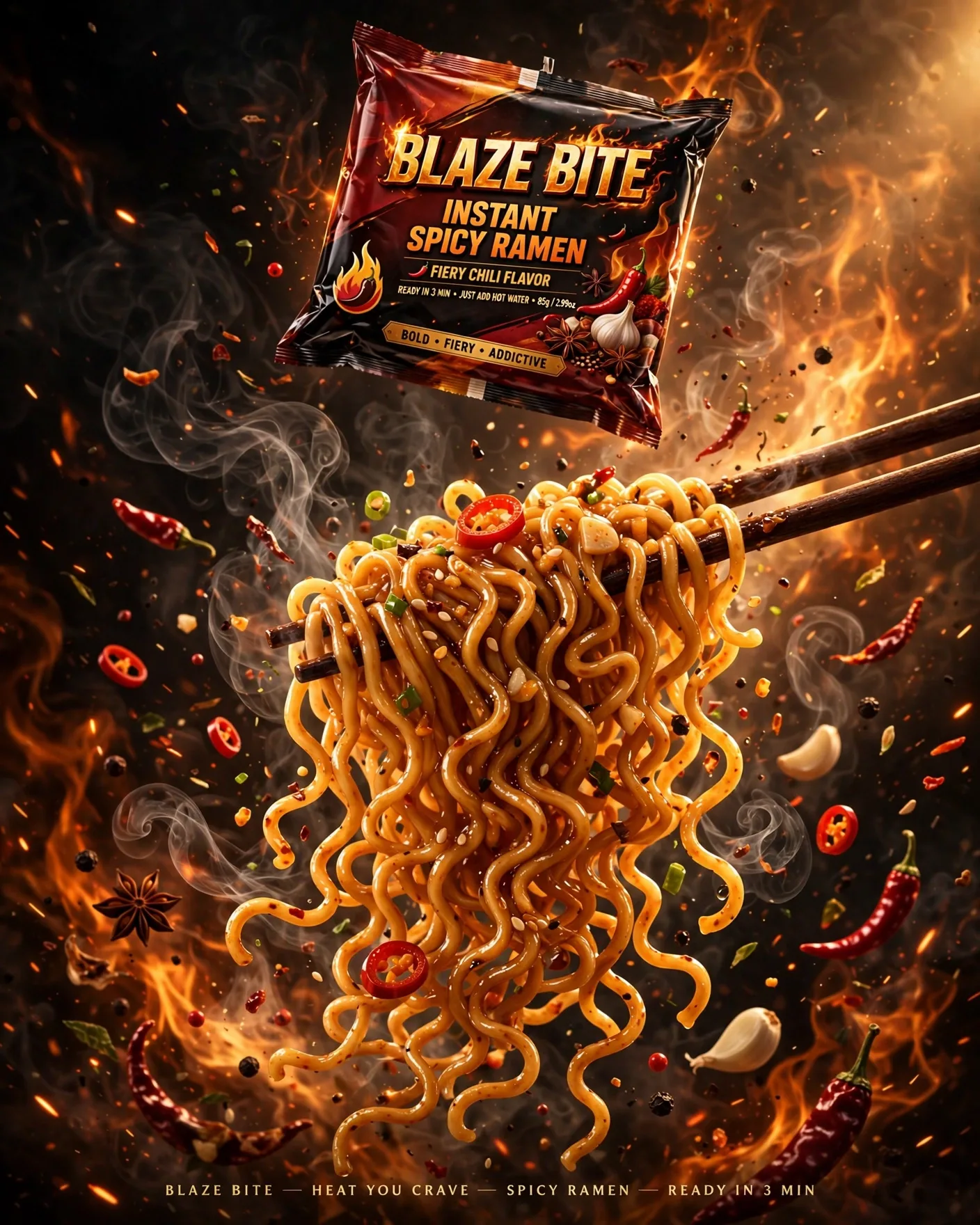 Instant Noodles Fiery Commercial Ad Prompt — Steam & Spice