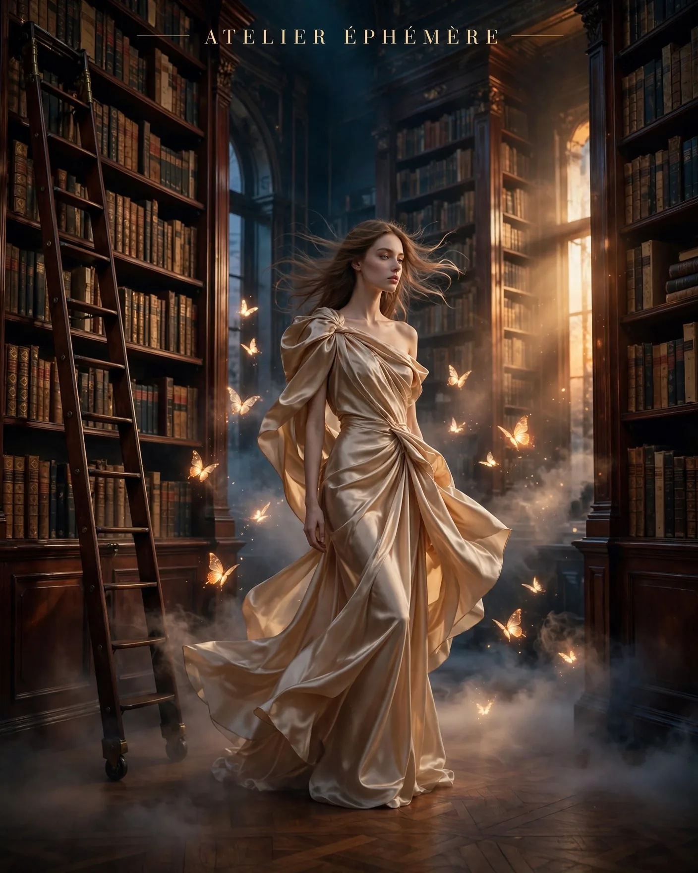 Vintage Library Fashion Editorial Prompt — Fog & Butterflies