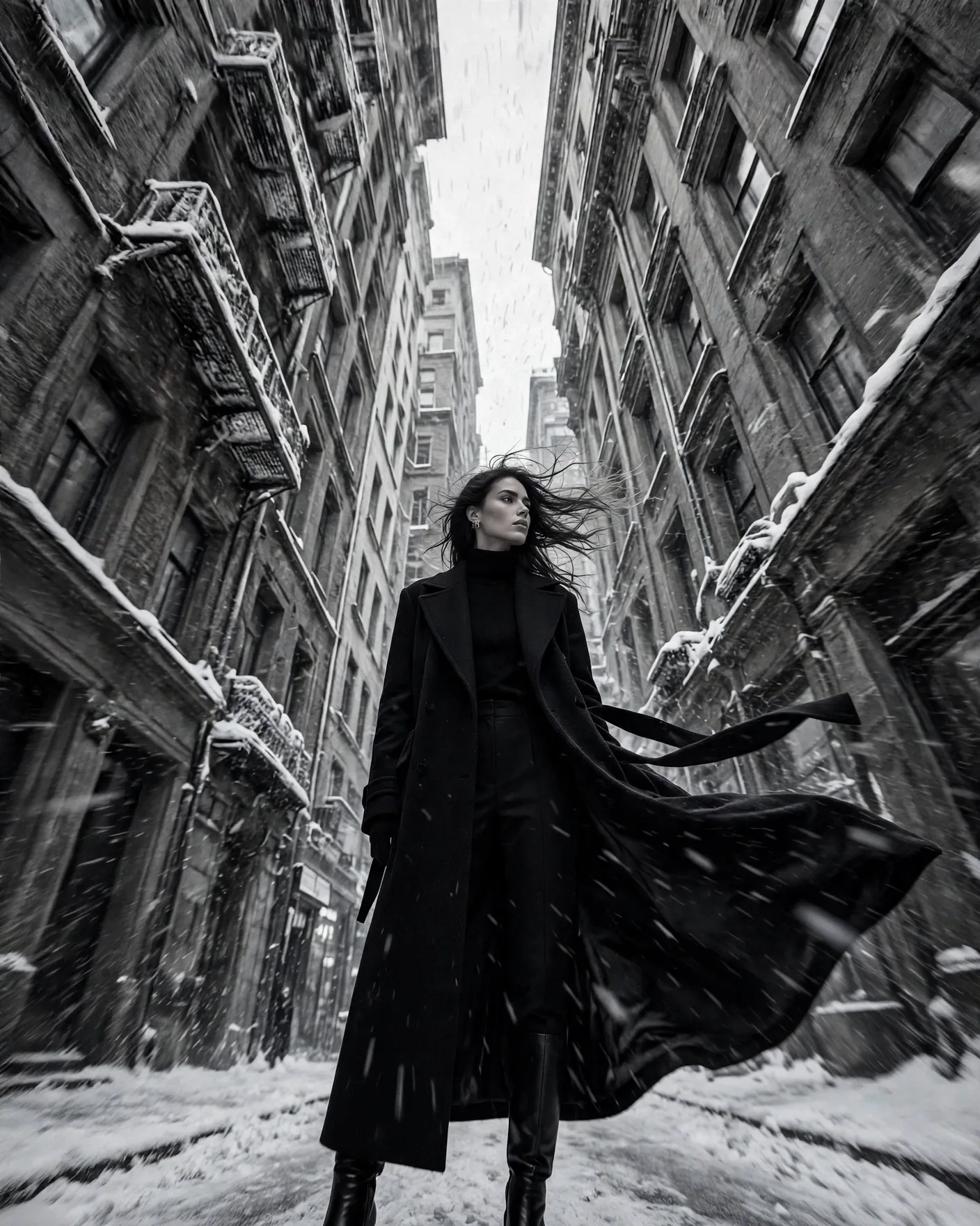 Winter Street Fashion Editorial Prompt — Snowy B&W Wide Angle (4:5)