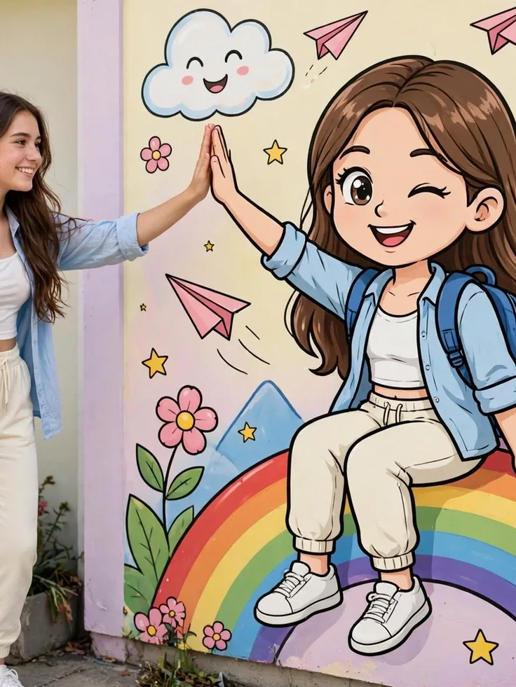Rainbow Mural Cartoon Self High Five Self-Swap Editable AI Prompt