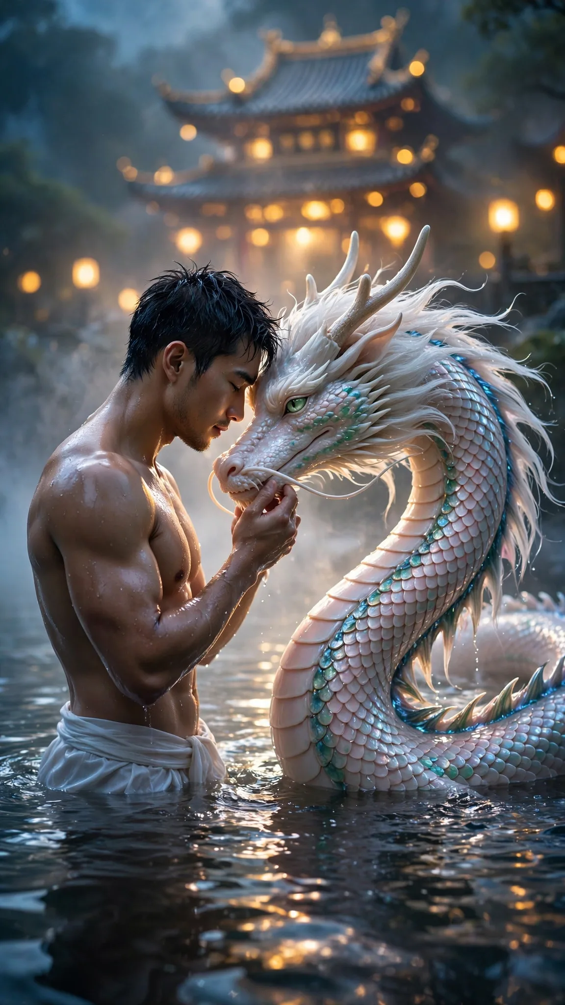 Eastern Dragon Waterscape Prompt — Misty Morning Fantasy Scene