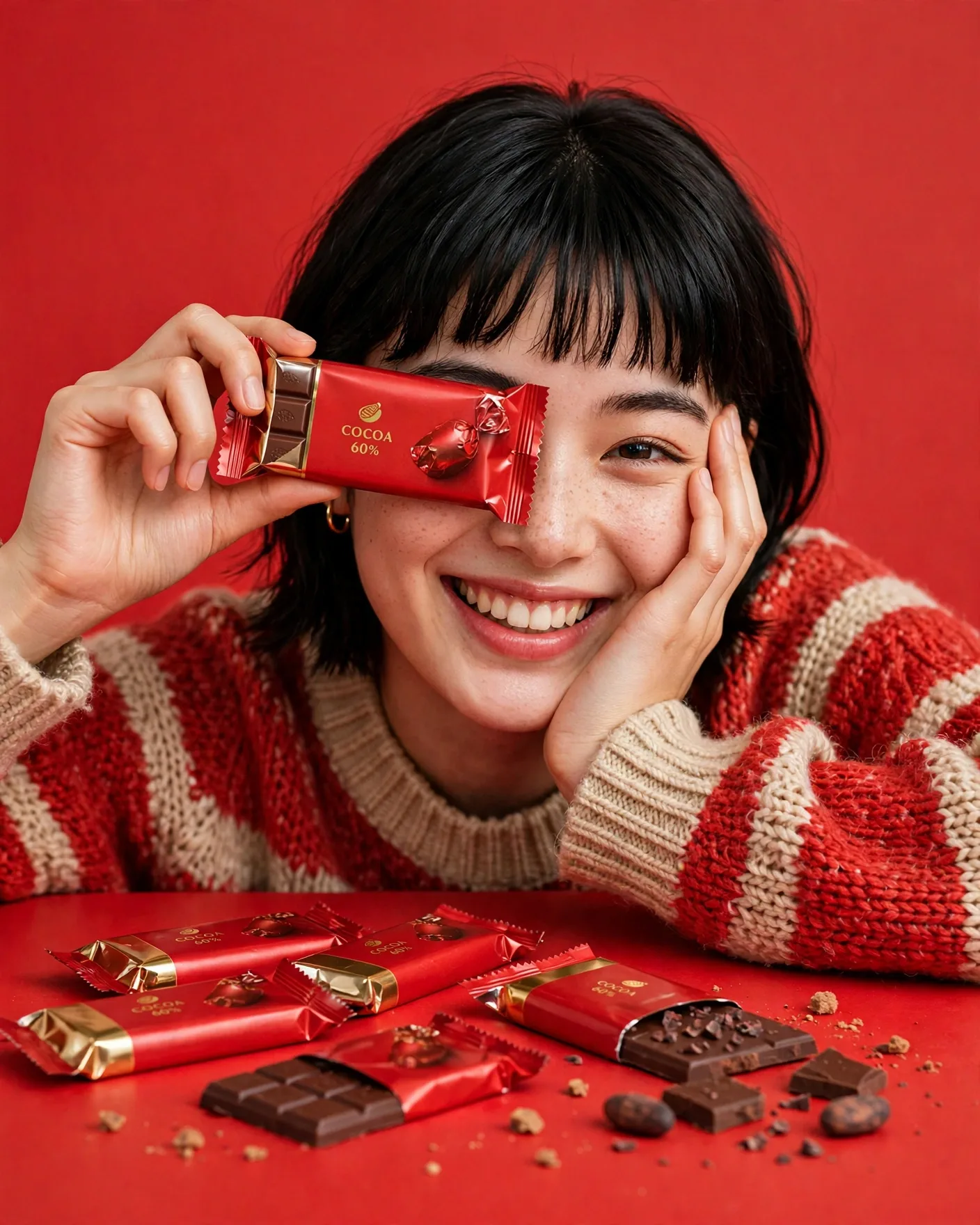 Red Chocolate Bar Food Ad Poster Prompt — Playful Studio Shot