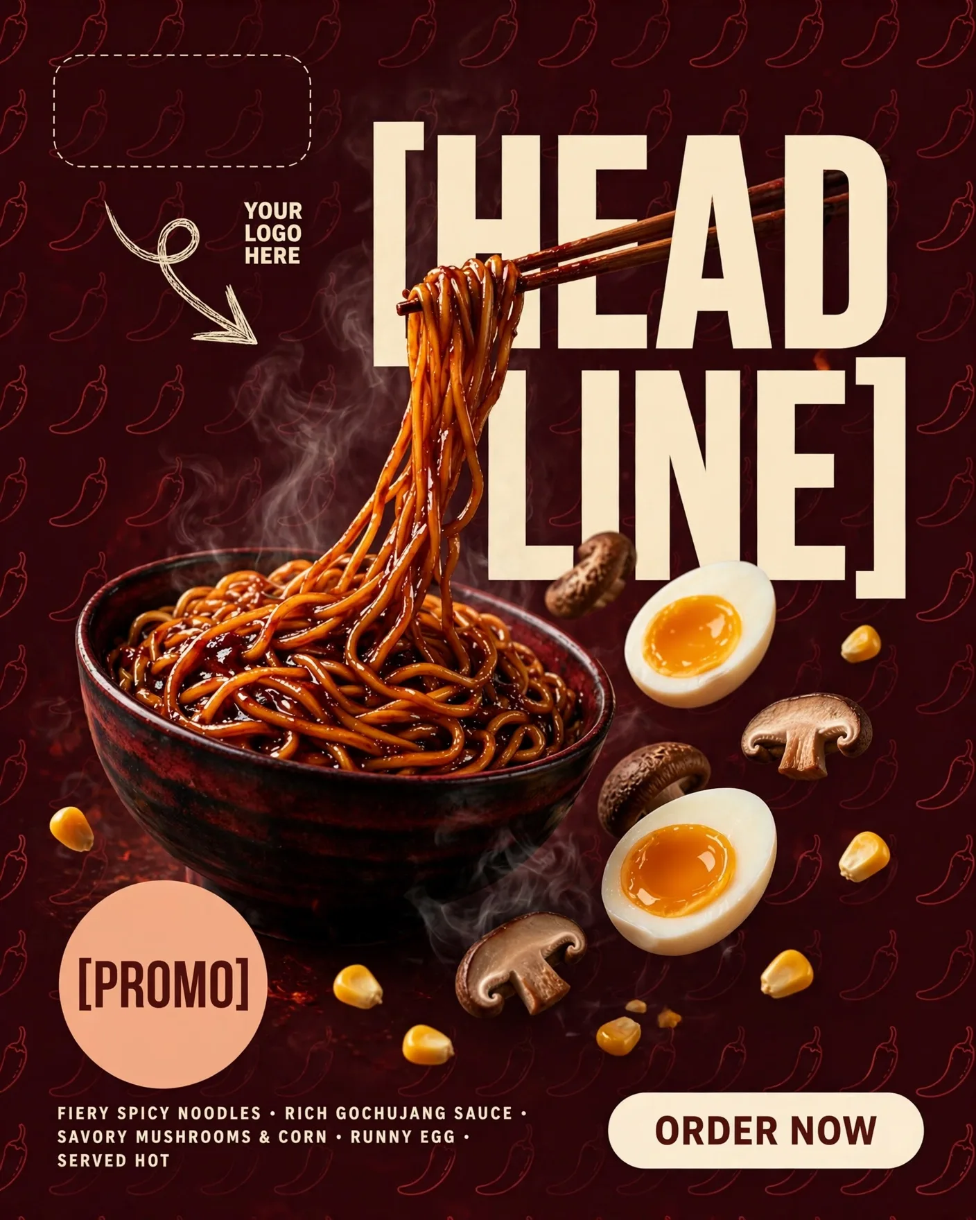 Hot Noodles Spicy Promo Poster Bowl Steam Campaign Editable AI Prompt