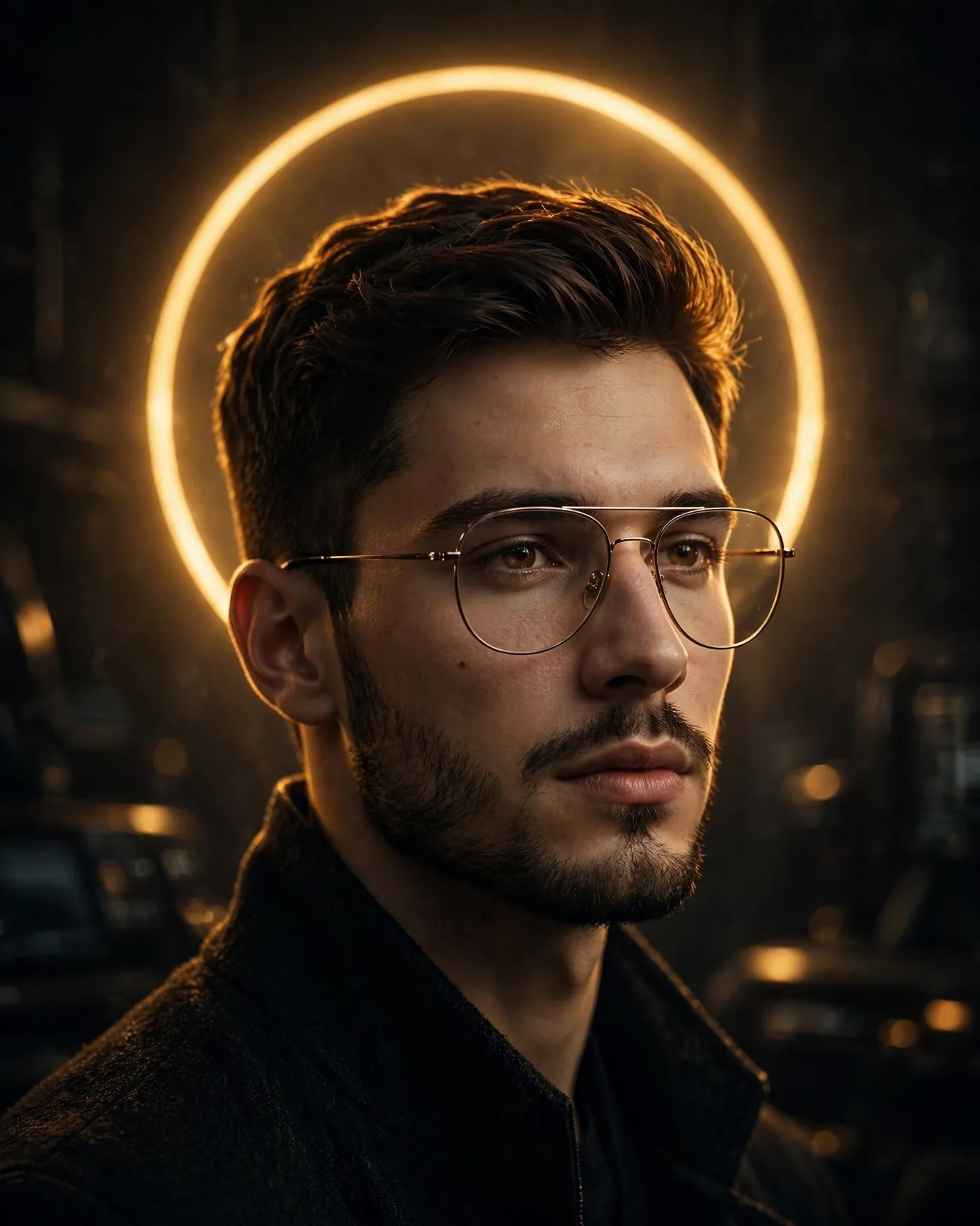 Golden Halo Portrait Prompt — Young Man with Aviator Glasses