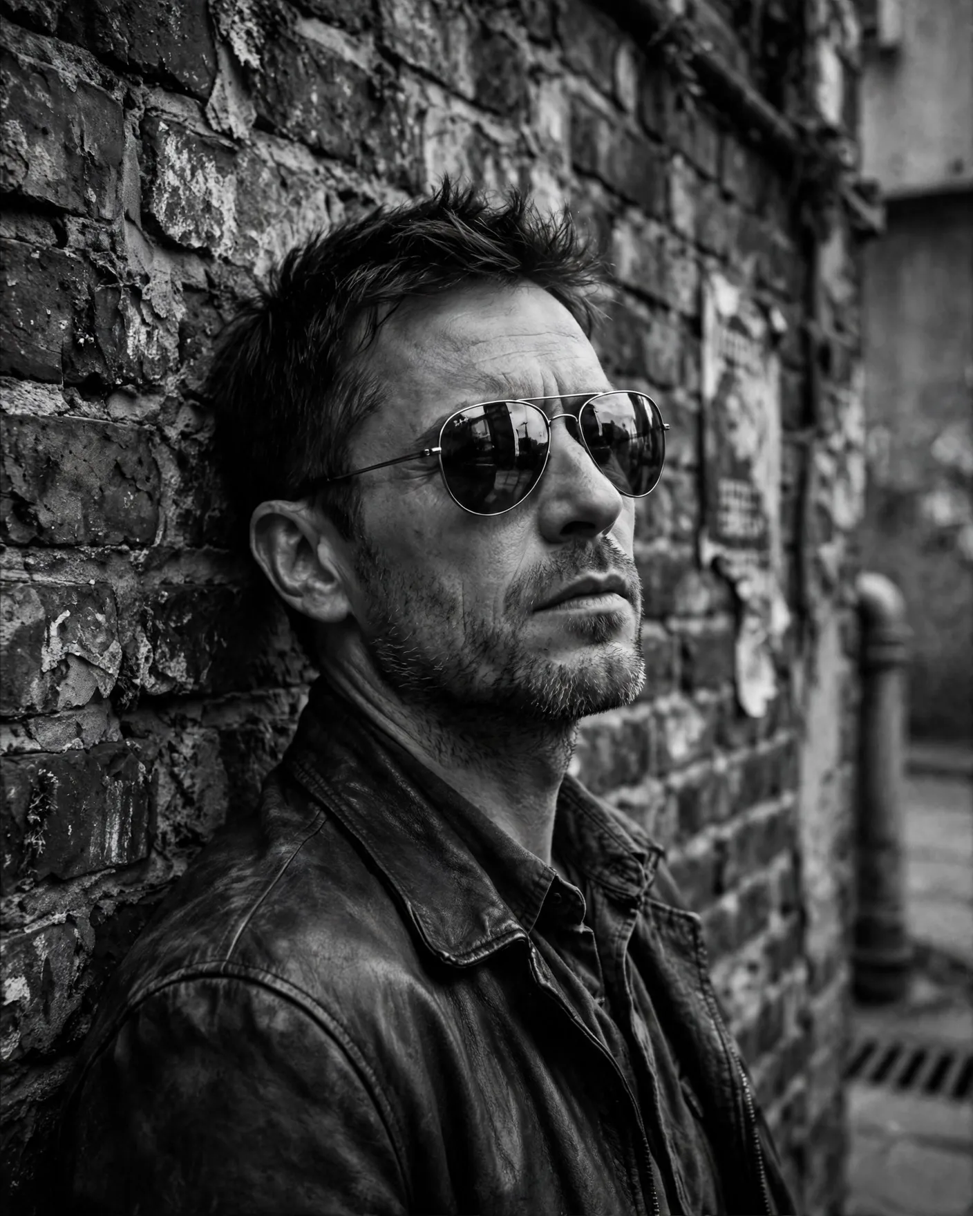 B&W Aviator Portrait — Man Against Brick Wall