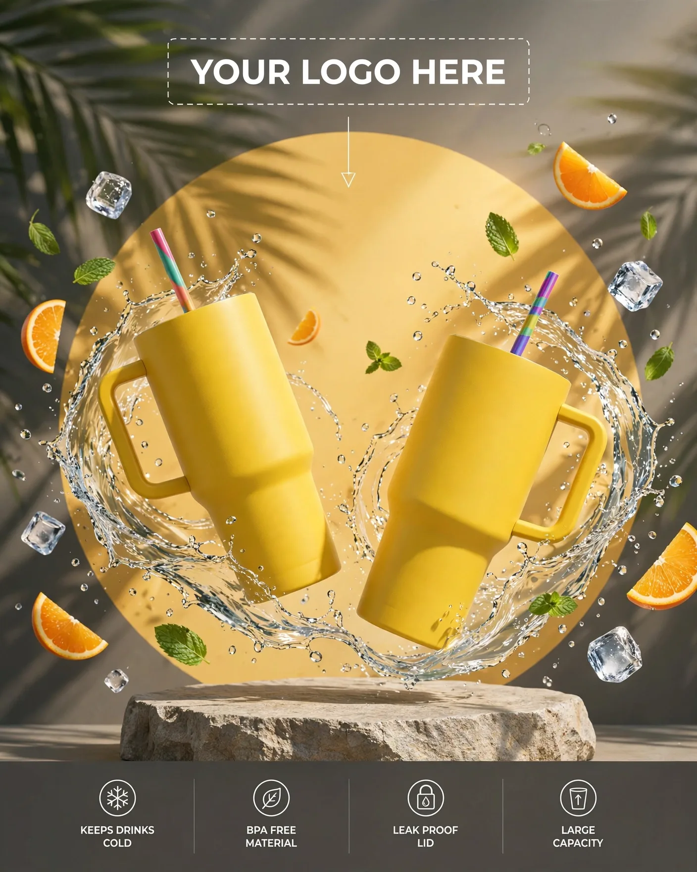Yellow Tumbler Ecommerce Product Photo Editable AI Prompt