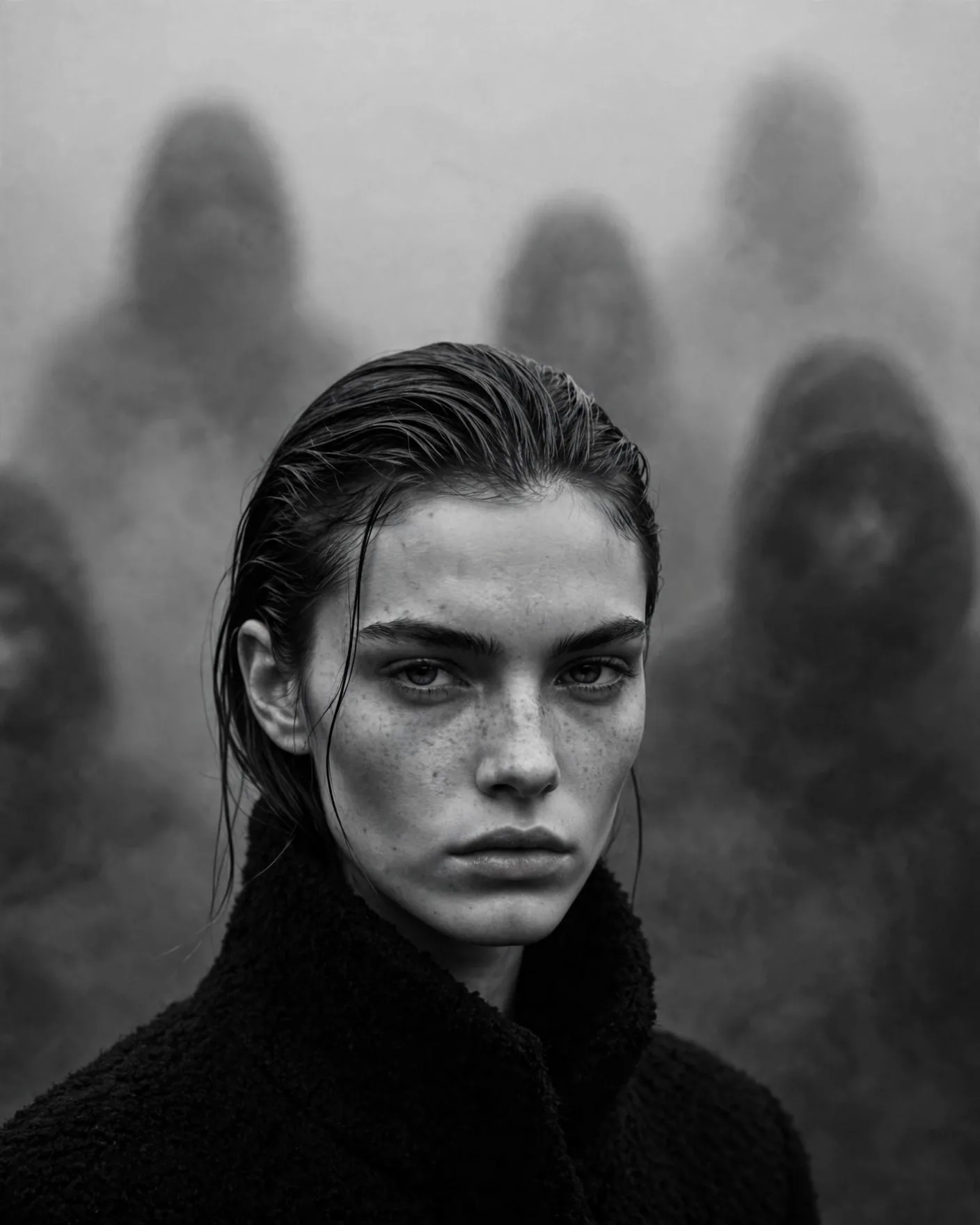 Eerie B&W Editorial — Woman With Hooded Silhouettes