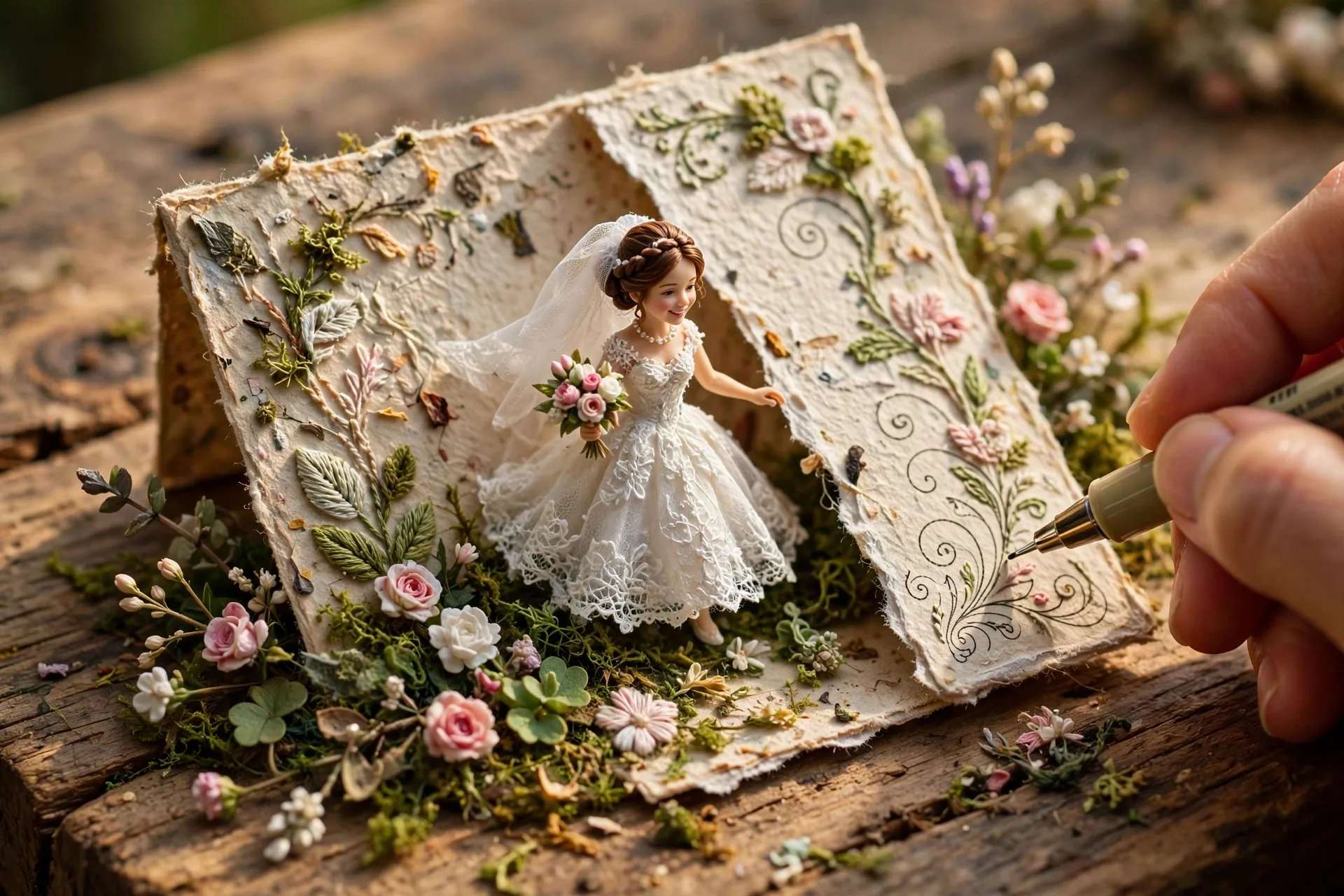 Miniature Bride Paper Card Prompt — 3D Wedding Fantasy Scene