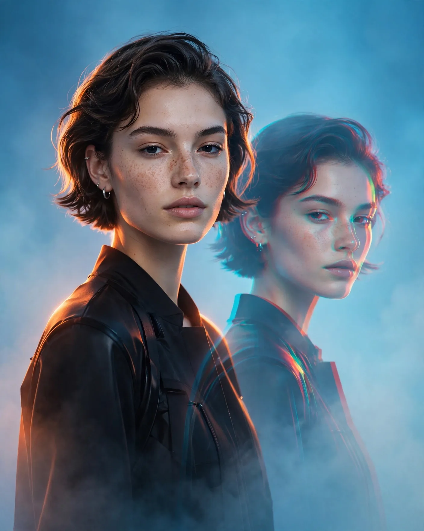 Multi-Exposure Fashion Portrait Prompt — Blue & Orange Ghosting (4:5)