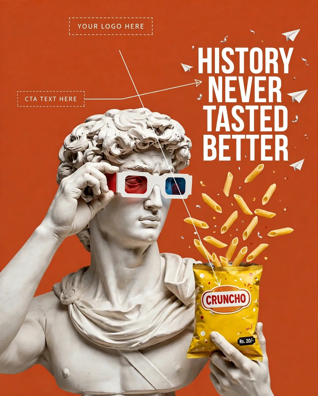 Marble Statue 3D Glasses Snack Brand Ad Editable AI Prompt