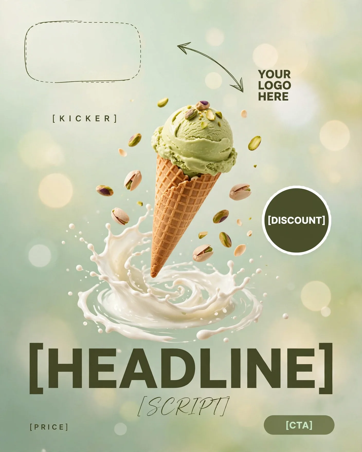 Pistachio Ice Cream Gelato Poster Pastel Minimal Campaign Editable AI Prompt