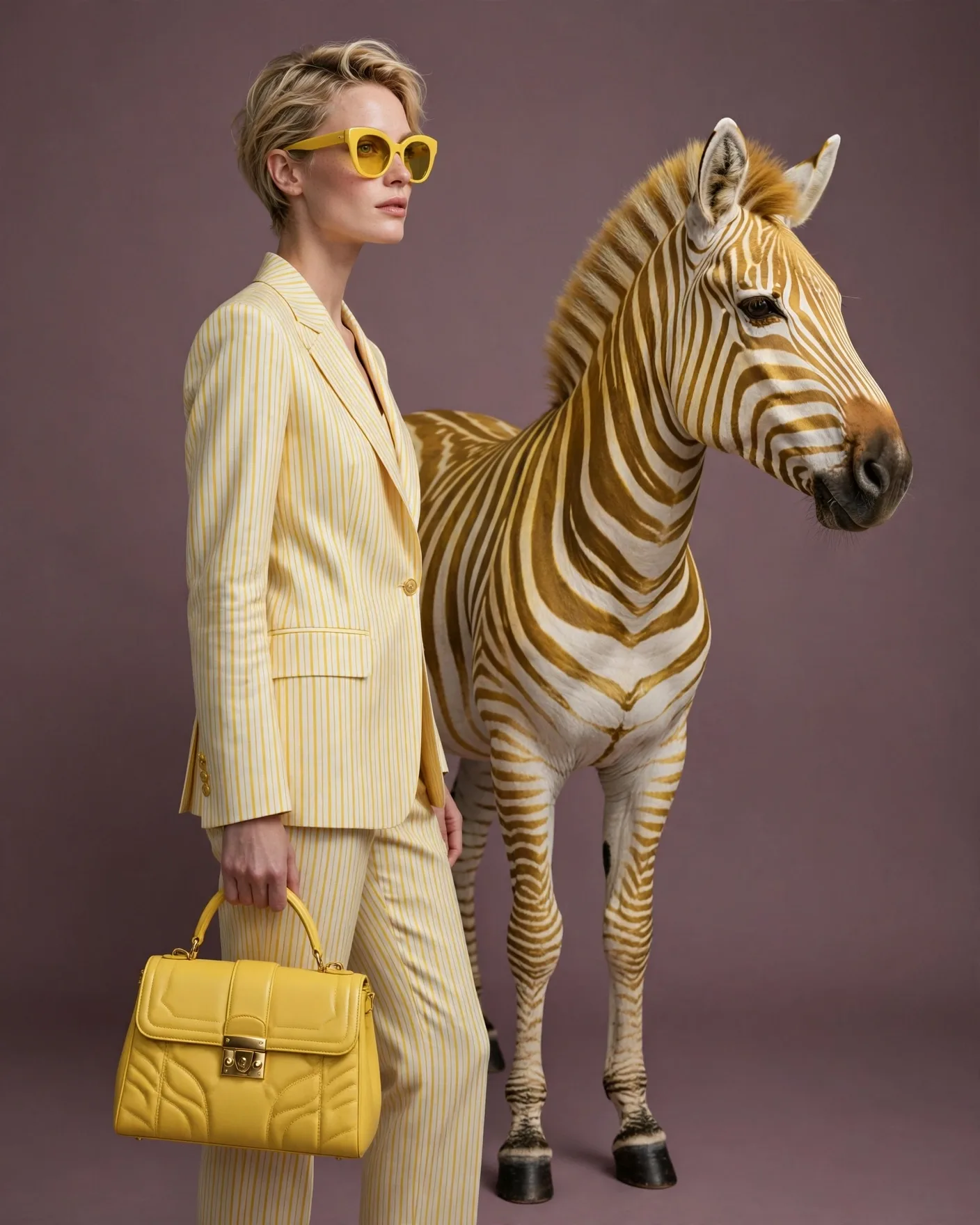 Yellow Pinstripe Zebra High Fashion Self Swap Portrait Editable AI Prompt
