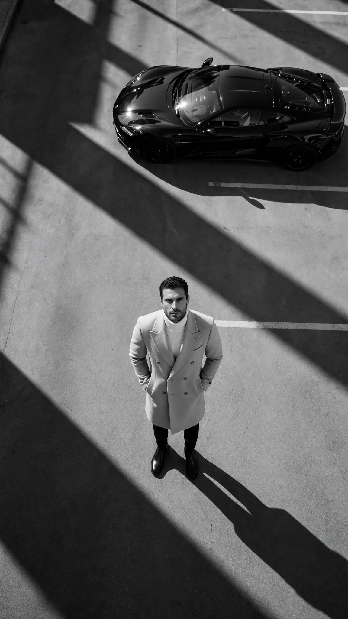 Black and White Luxury Car Portrait Prompt — Drone Editorial