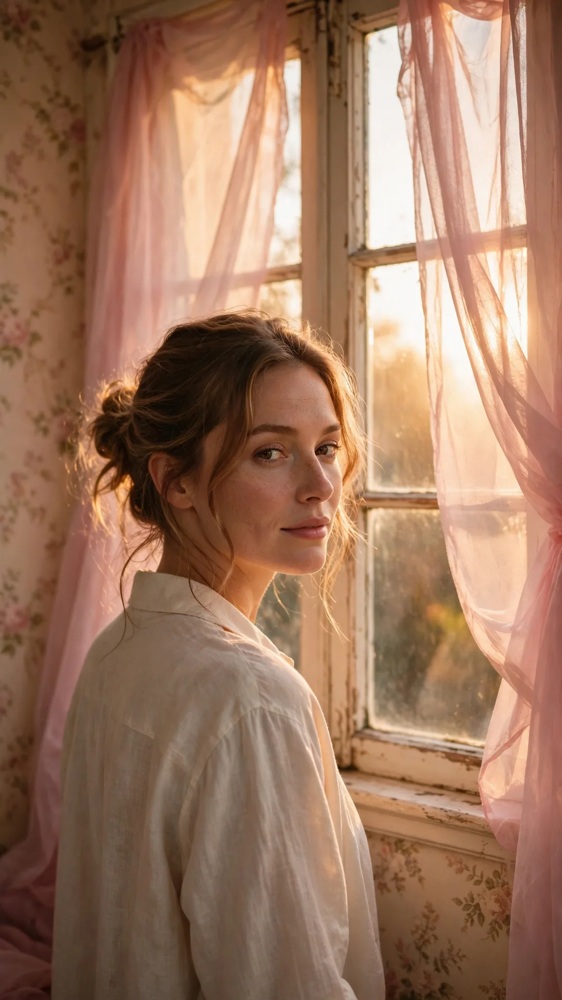 Veil Light Look-Back Portrait Prompt — Soft Pink Window (9:16)