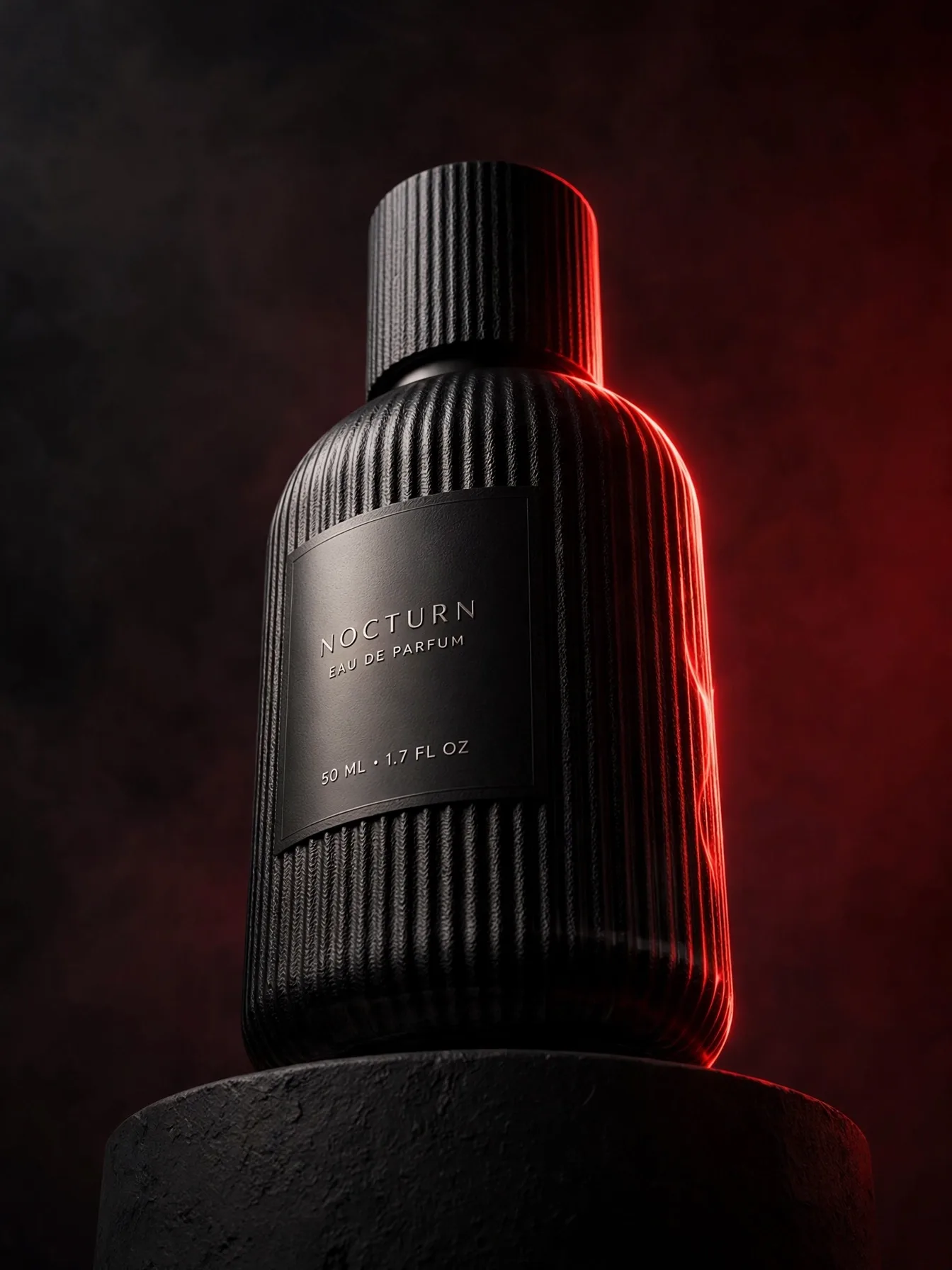 Black Ribbed Perfume Bottle Low-Angle Ad Prompt