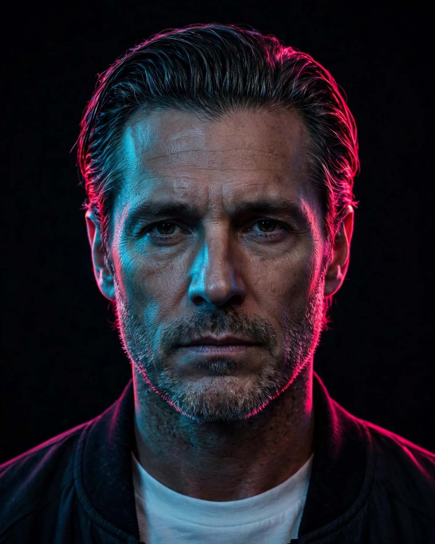 Neon Split-Lighting Portrait Prompt — Cyan and Magenta Noir Studio