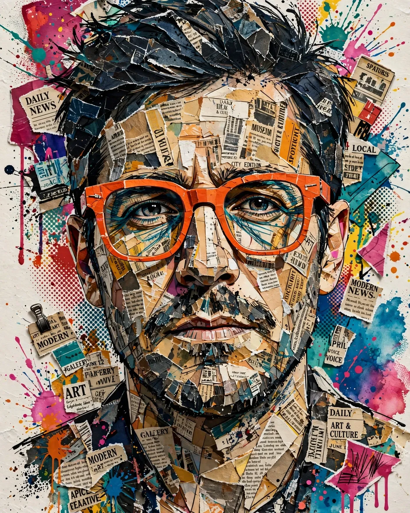 Expressive Man in Orange Glasses — Newspaper Collage Illustration