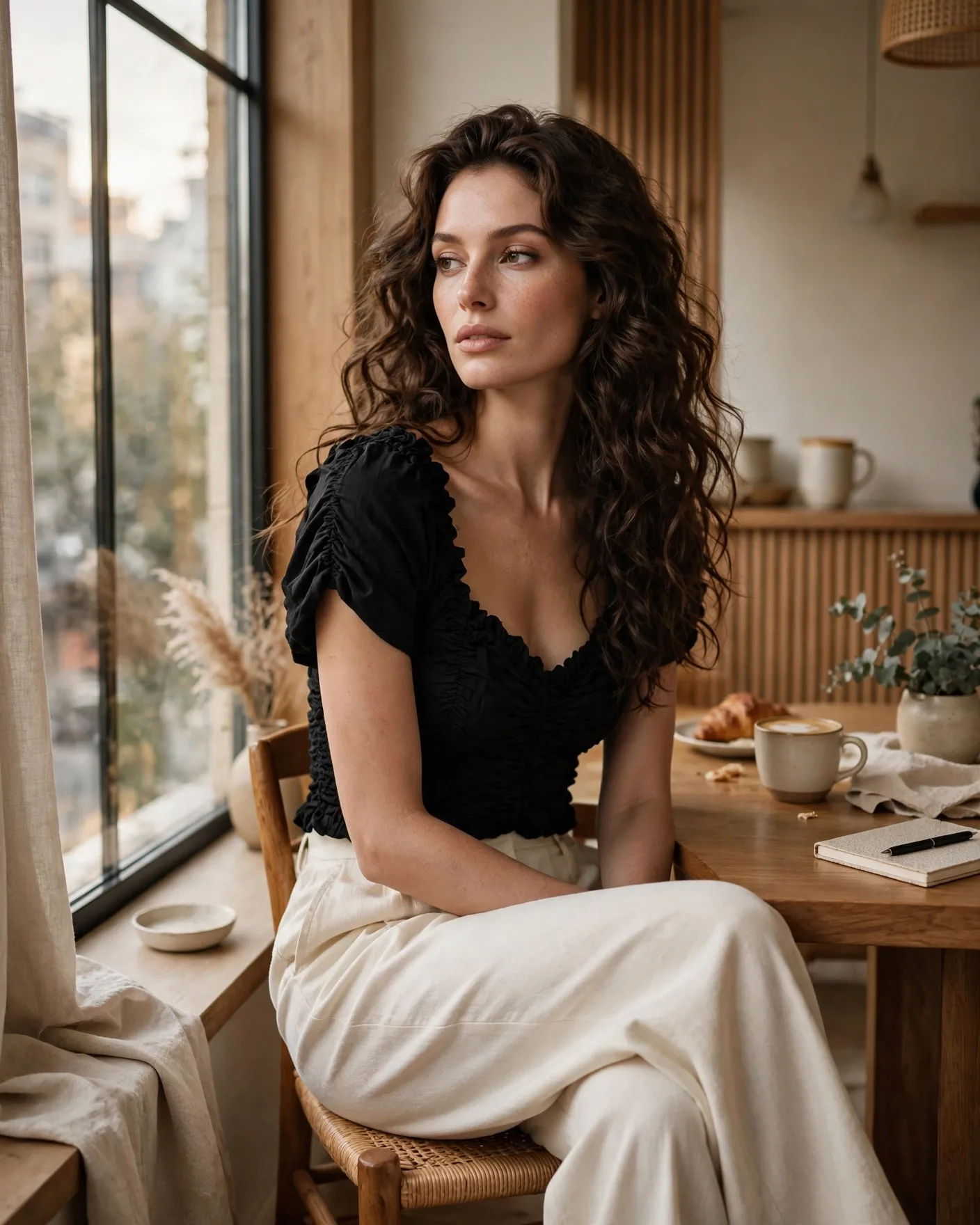 Cafe Window Fashion Portrait Prompt — Warm Minimalist Muse (4:5)