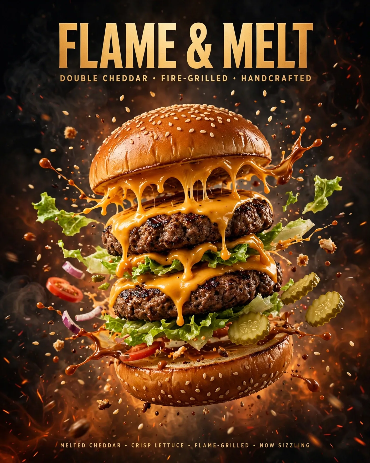 Gourmet Burger Ad Poster Prompt: Mid-Air Food Splash
