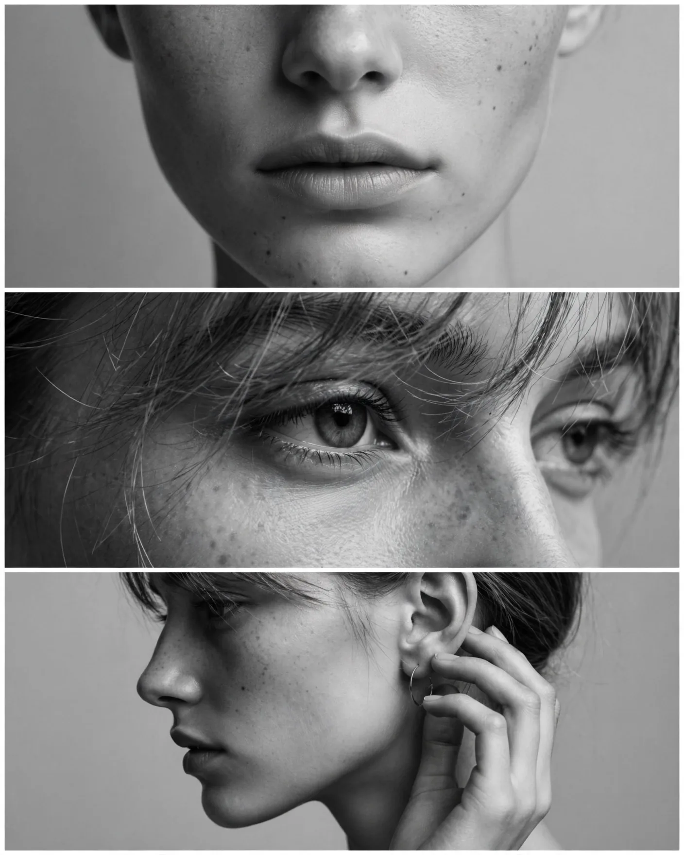 Triptych Studio Editorial Prompt — 3-Panel B&W Beauty Portrait (4:5)