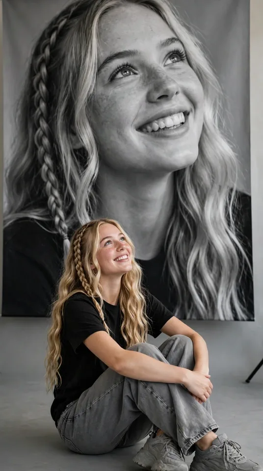 Blonde Braid Portrait Giant Face Self-Swap Editable AI Prompt