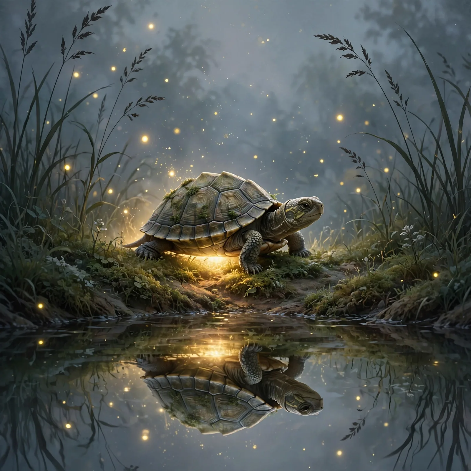 Twilight Turtle Fireflies Illustration Prompt — Dreamy Fantasy Scene