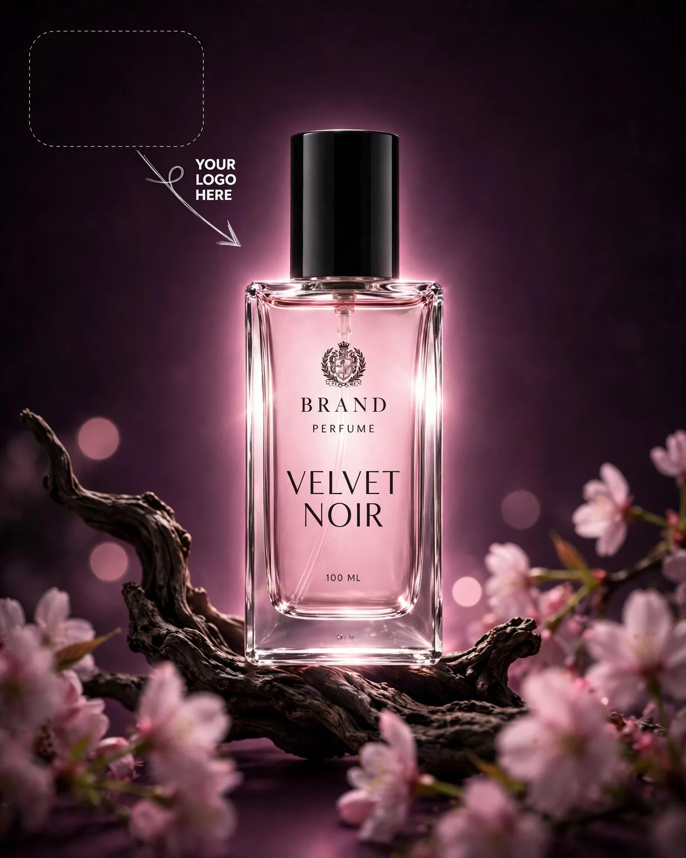 Pink Romance Noir Perfume Ad Poster Blossom Halo Editable AI Prompt