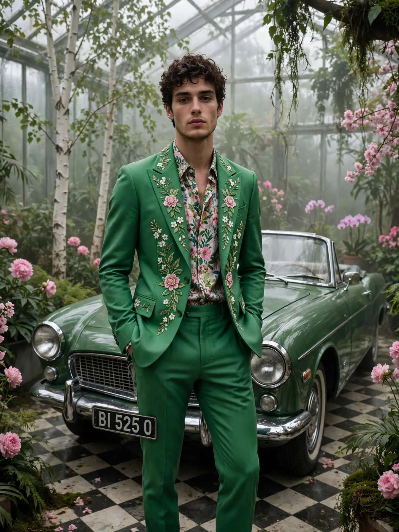 Green Embroidered Suit Vintage Car Self-Swap Editable AI Prompt