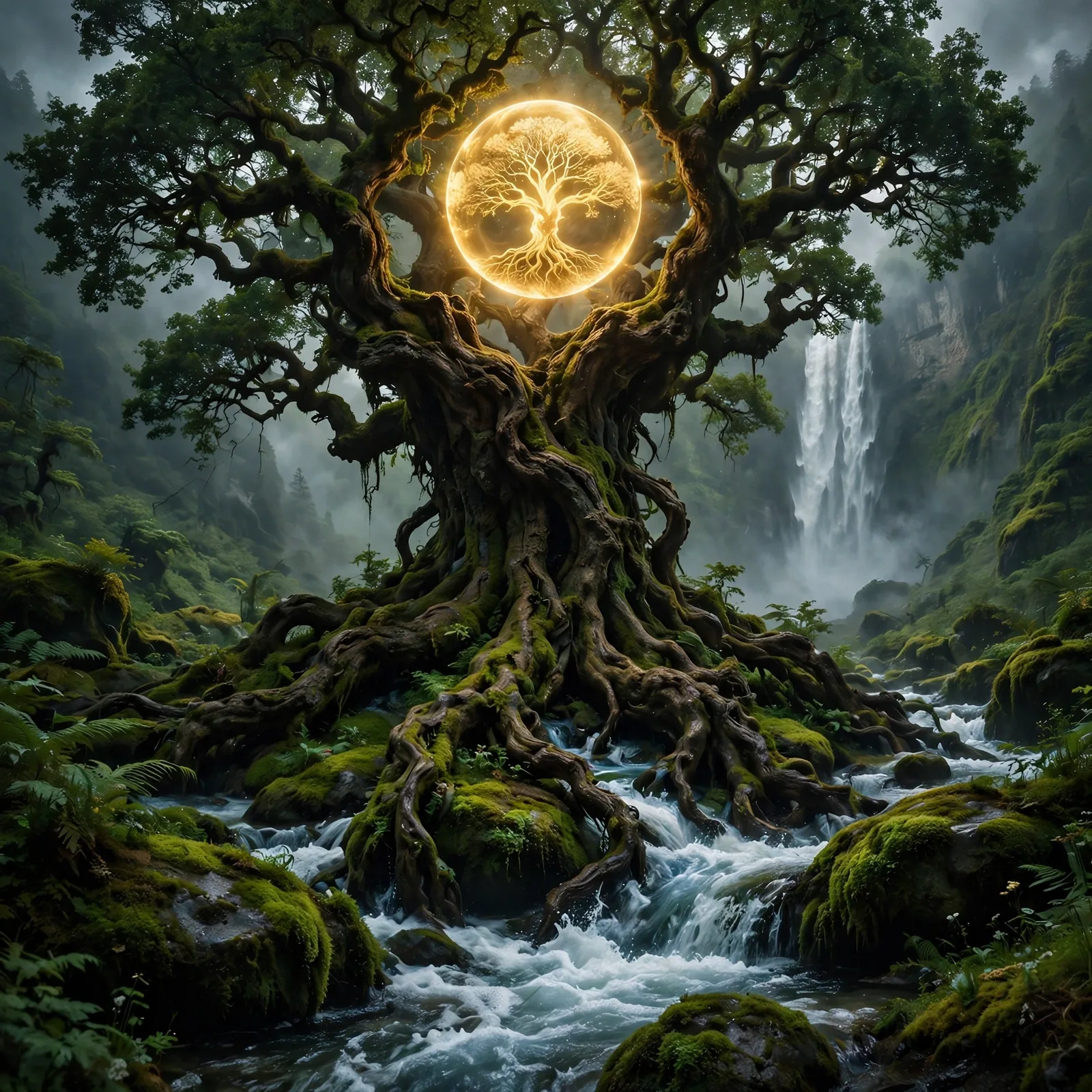 Ancient Tree Golden Orb Fantasy Art Prompt — Mystical Forest Scene