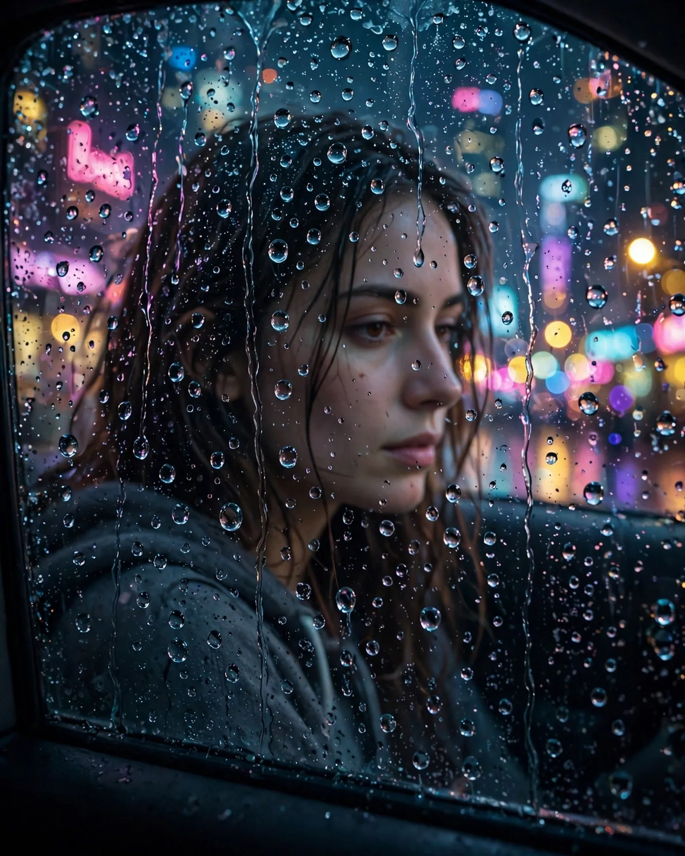 Rainy Night Car Portrait — Through a Wet Window