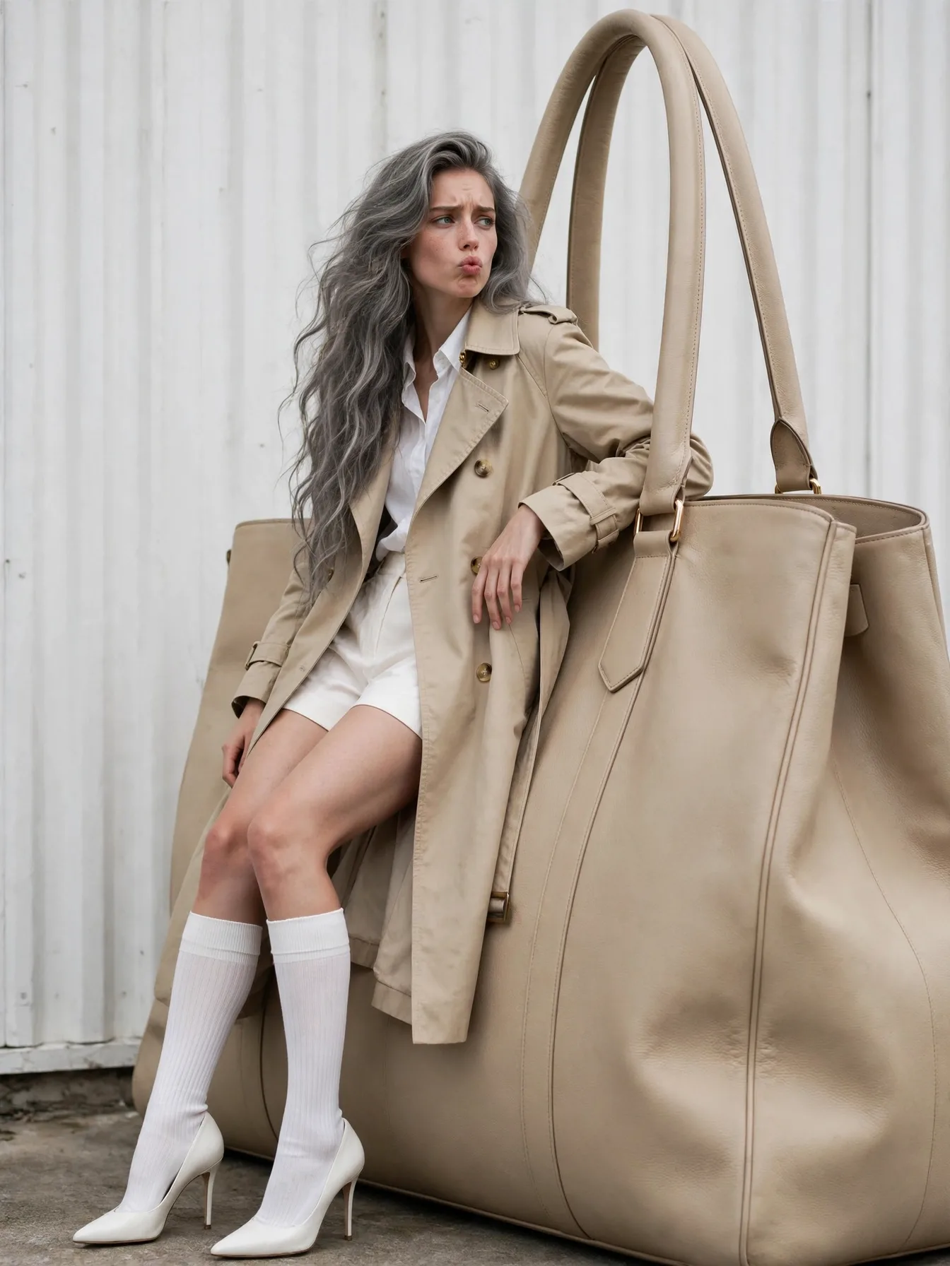 Giant Handbag Trench Coat Self-Swap Editable AI Prompt