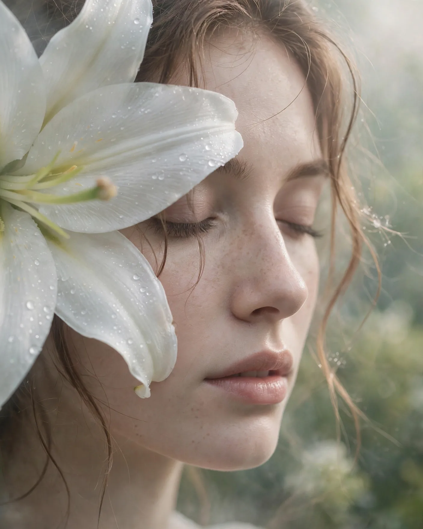 Ethereal Lily Close-Up — Woman With Flower